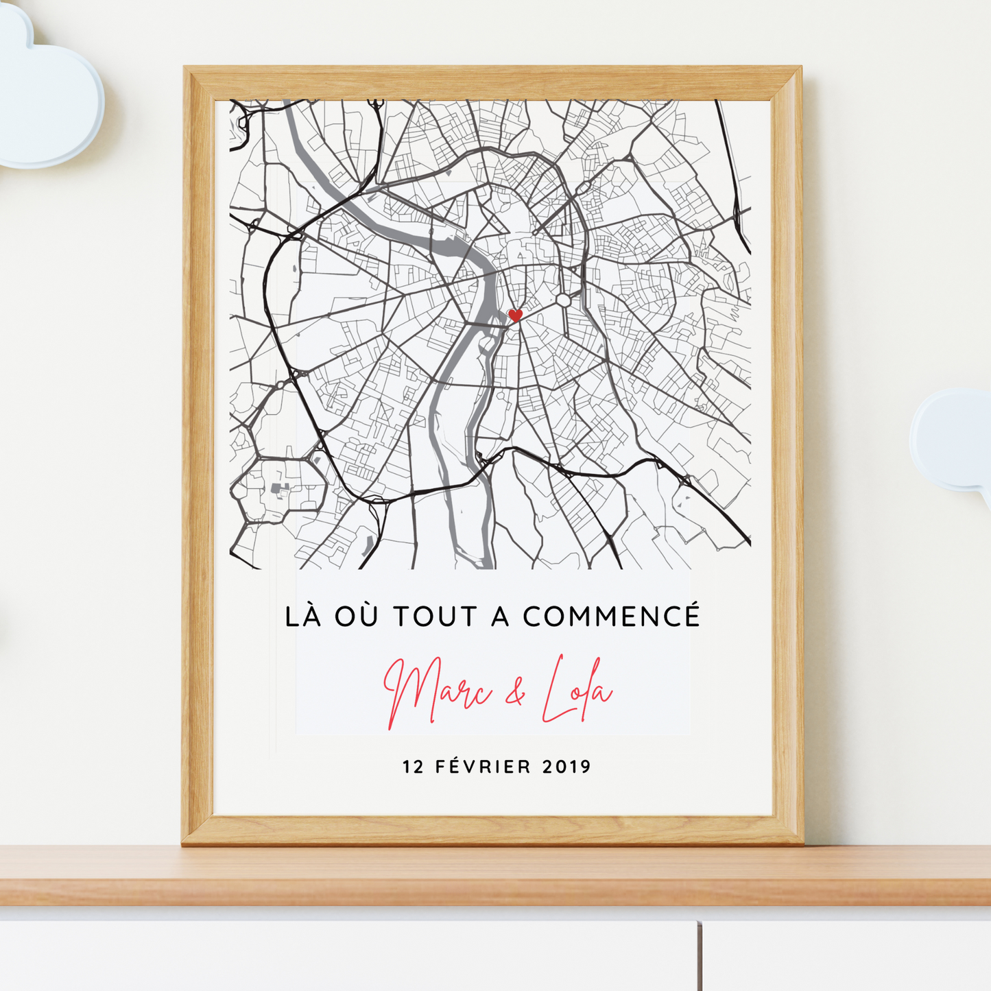 Affiche couple personnalisée avec lieu de rencontre - Affiche carte GPS pour couple par Le Temps des Paillettes