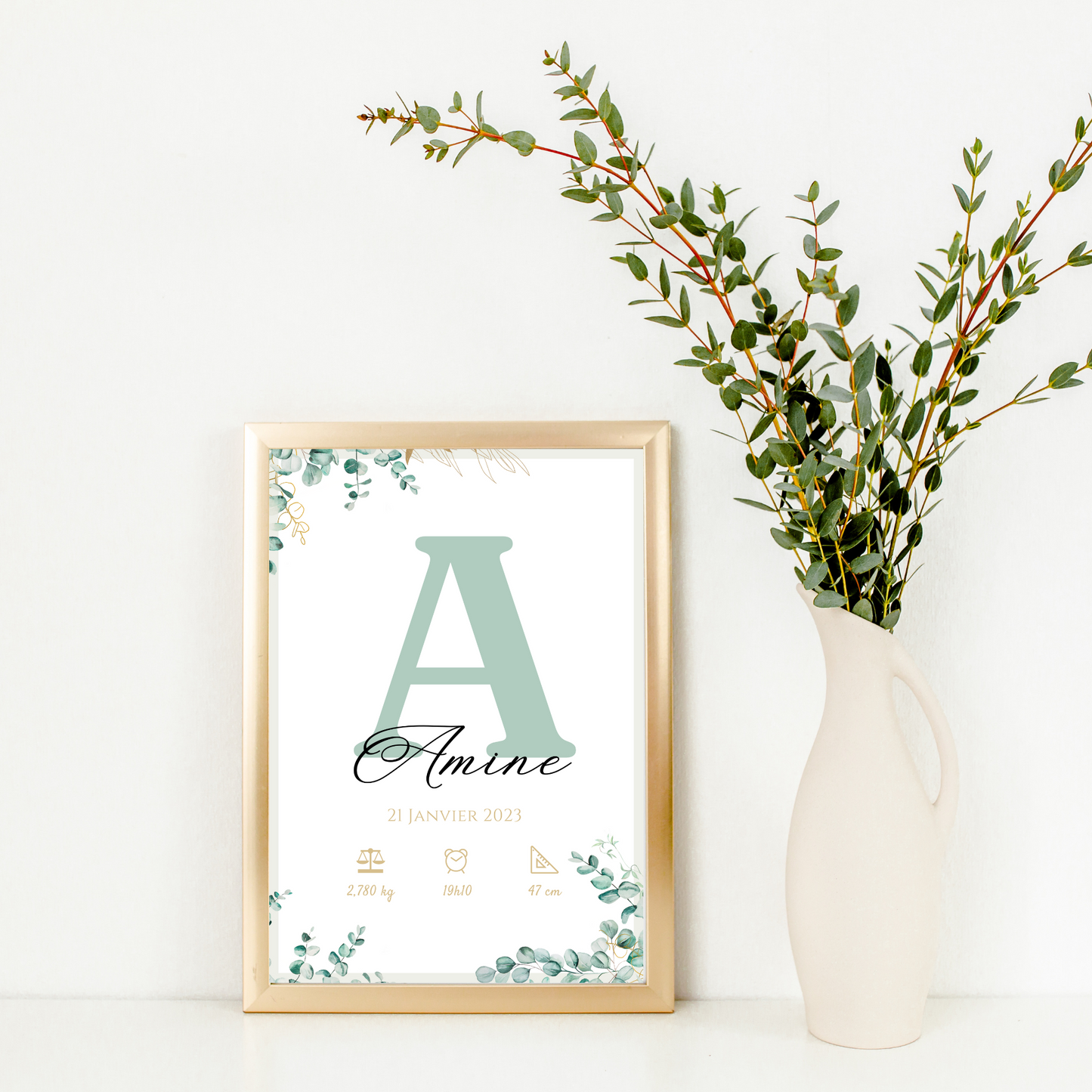 Affiche de naissance personnalisée prénom initiale vert eucalyptus - Cadeau de naissance personnalisé par Le Temps des Paillettes - Le Temps des Paillettes