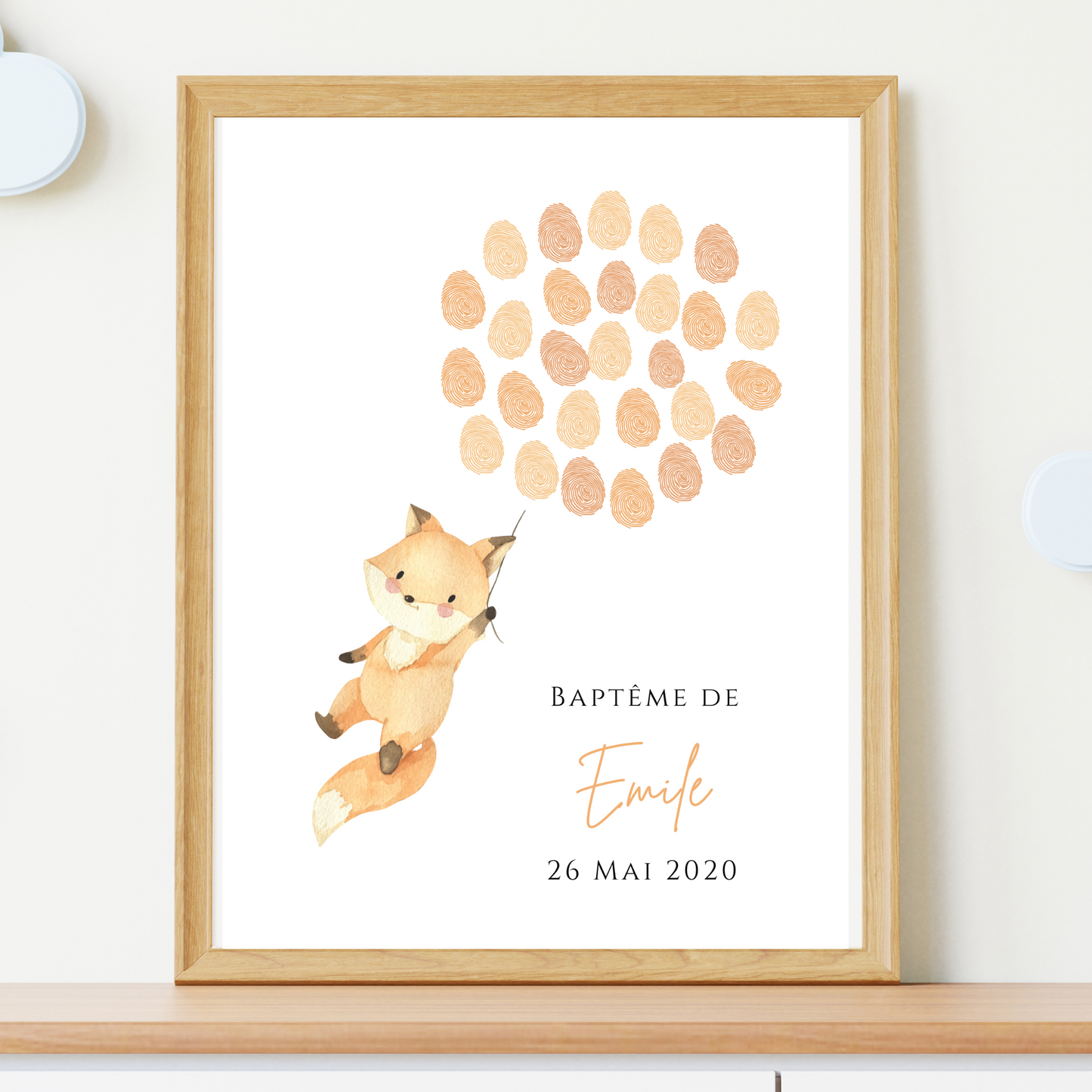 Affiche arbre à empreintes renard et ballon - Déco anniversaire baptême personnalisée renard par le Temps des Paillettes - Le Temps des Paillettes