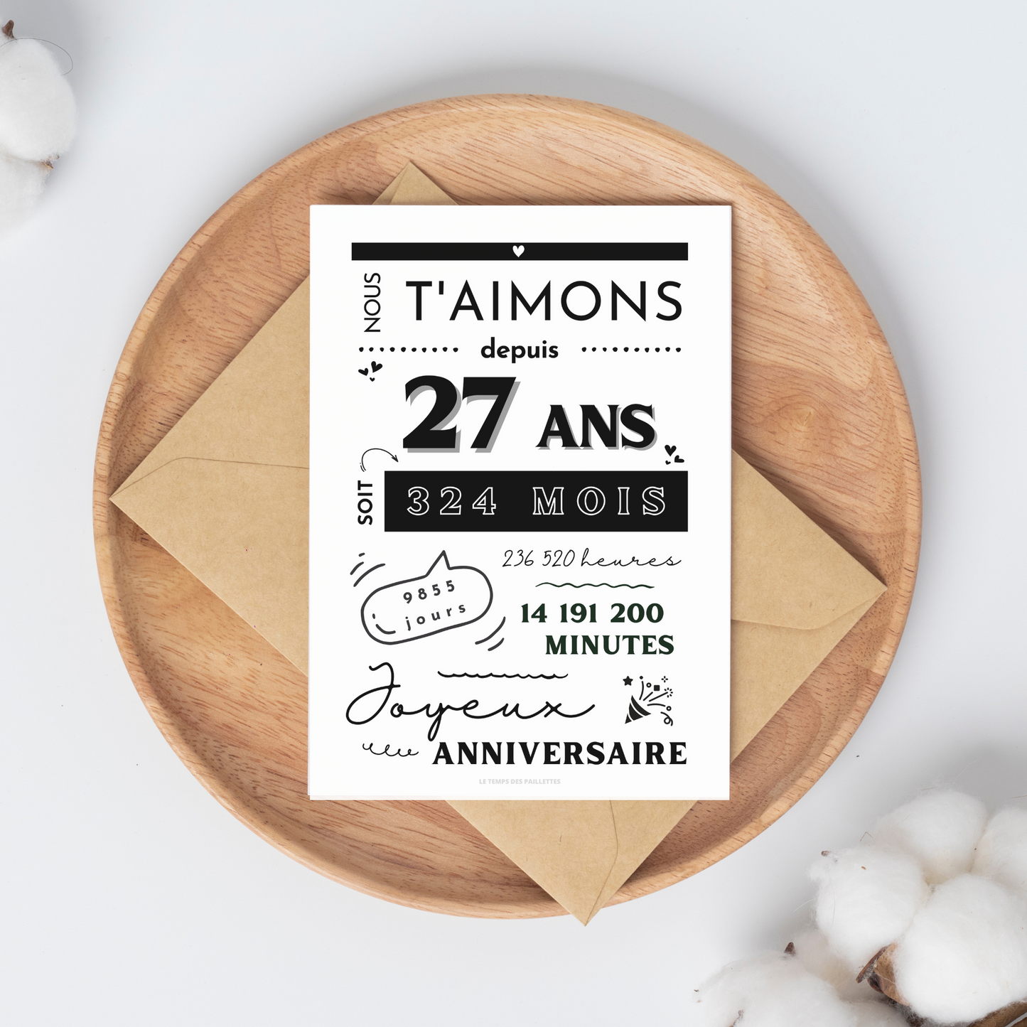 Affiche 27 ans - Carte 27ème anniversaire - Décoration de fête d'anniversaire par le Temps des Paillettes - Le Temps des Paillettes