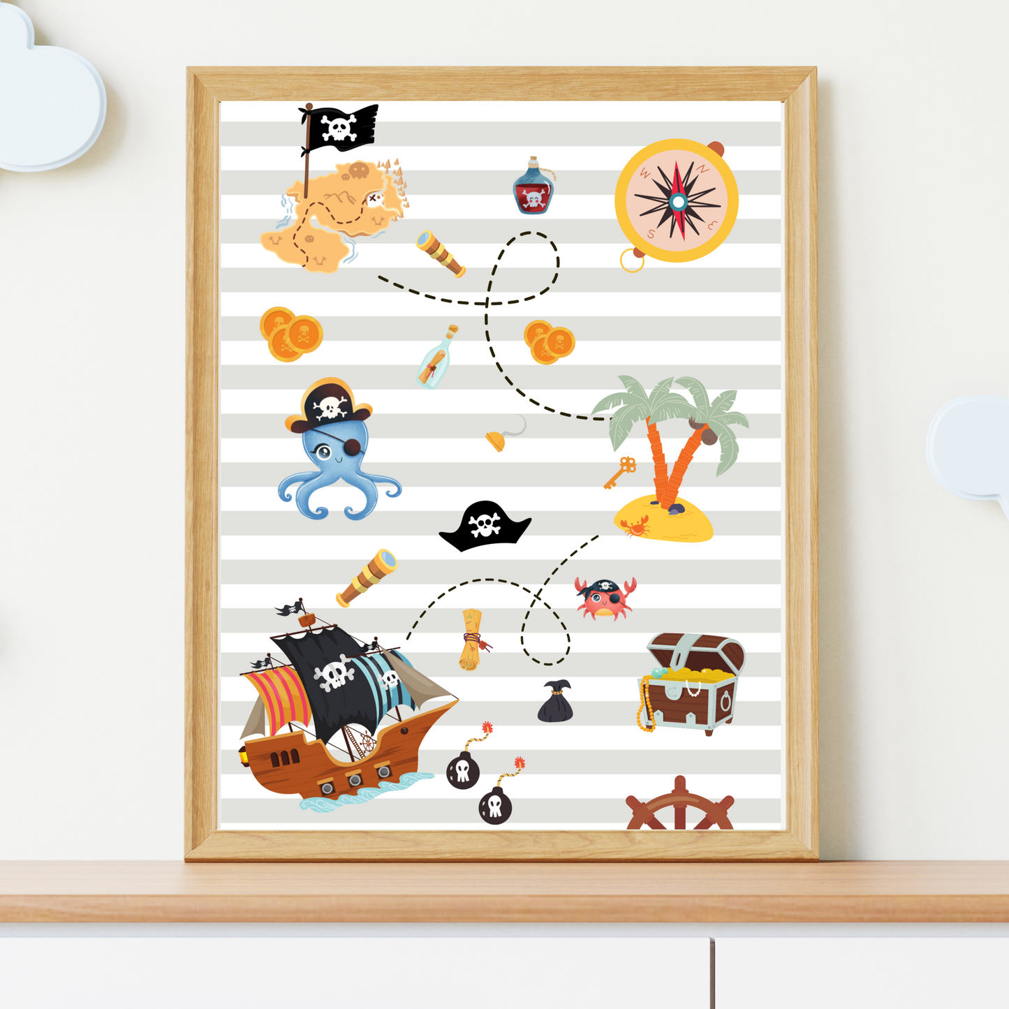 Affiches pirate enfant - trio pirate carte aux trésors prénom - Décoration pirate chambre de bébé par Le Temps des Paillettes - Le Temps des Paillettes