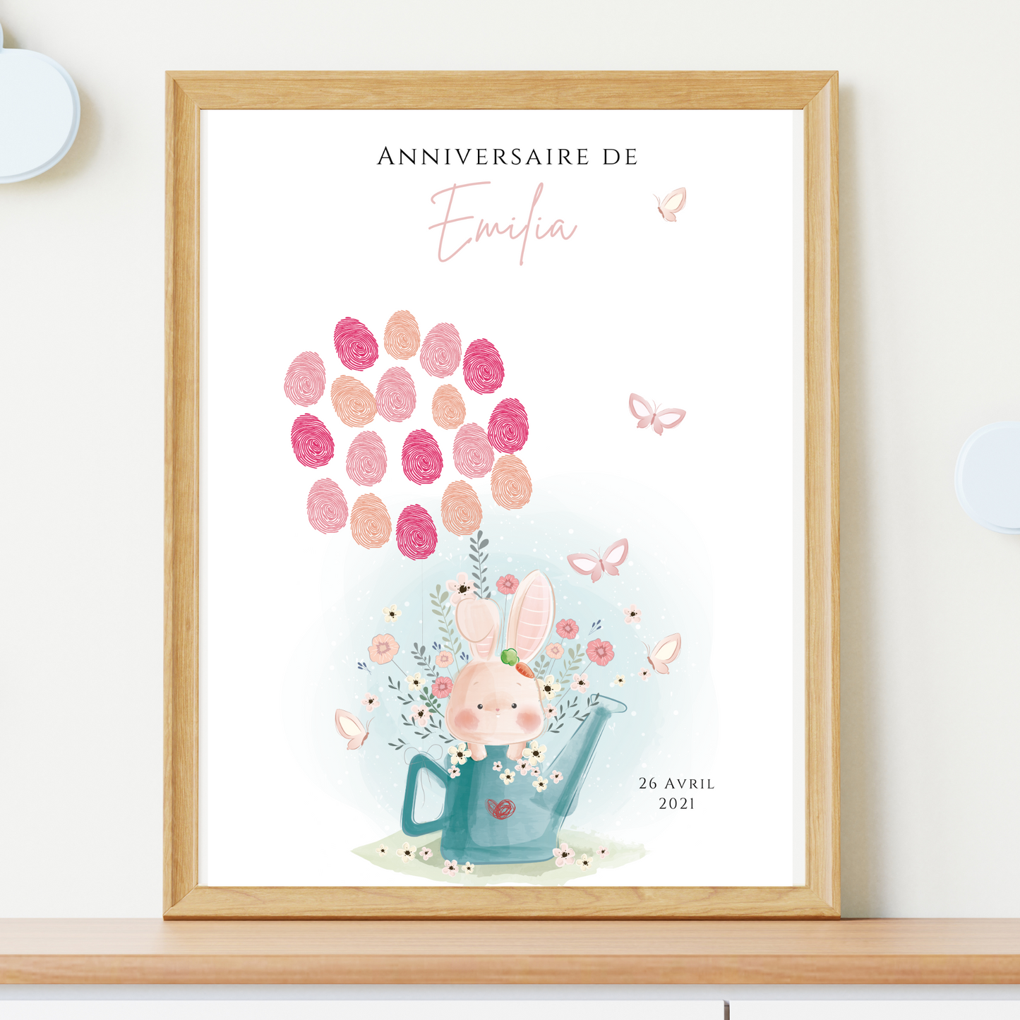 Affiche arbre à empreintes lapin et fleurs - Déco anniversaire baptême personnalisée fille rose par le Temps des Paillettes - Le Temps des Paillettes