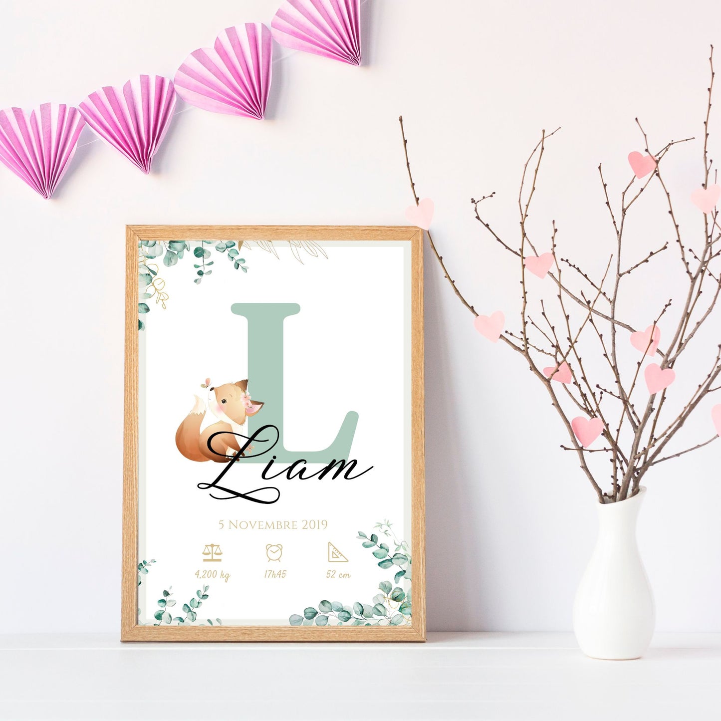 Affiche de naissance personnalisée prénom initiale eucalyptus et renard - Cadeau de naissance personnalisé par Le Temps des Paillettes - Le Temps des Paillettes