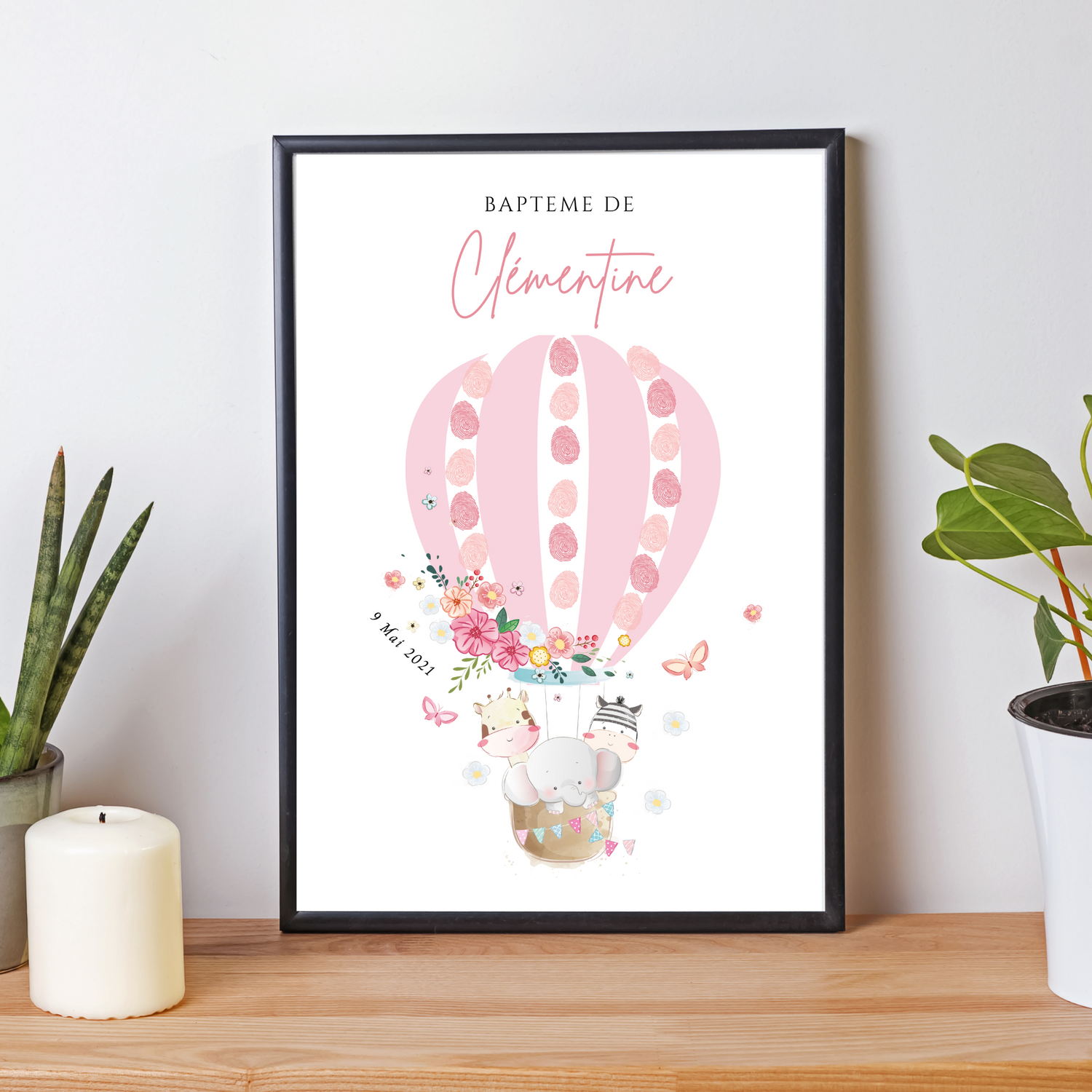 Affiche arbre à empreintes montgolfière et animaux - Déco baptême anniversaire personnalisée par le Temps des Paillettes - Le Temps des Paillettes