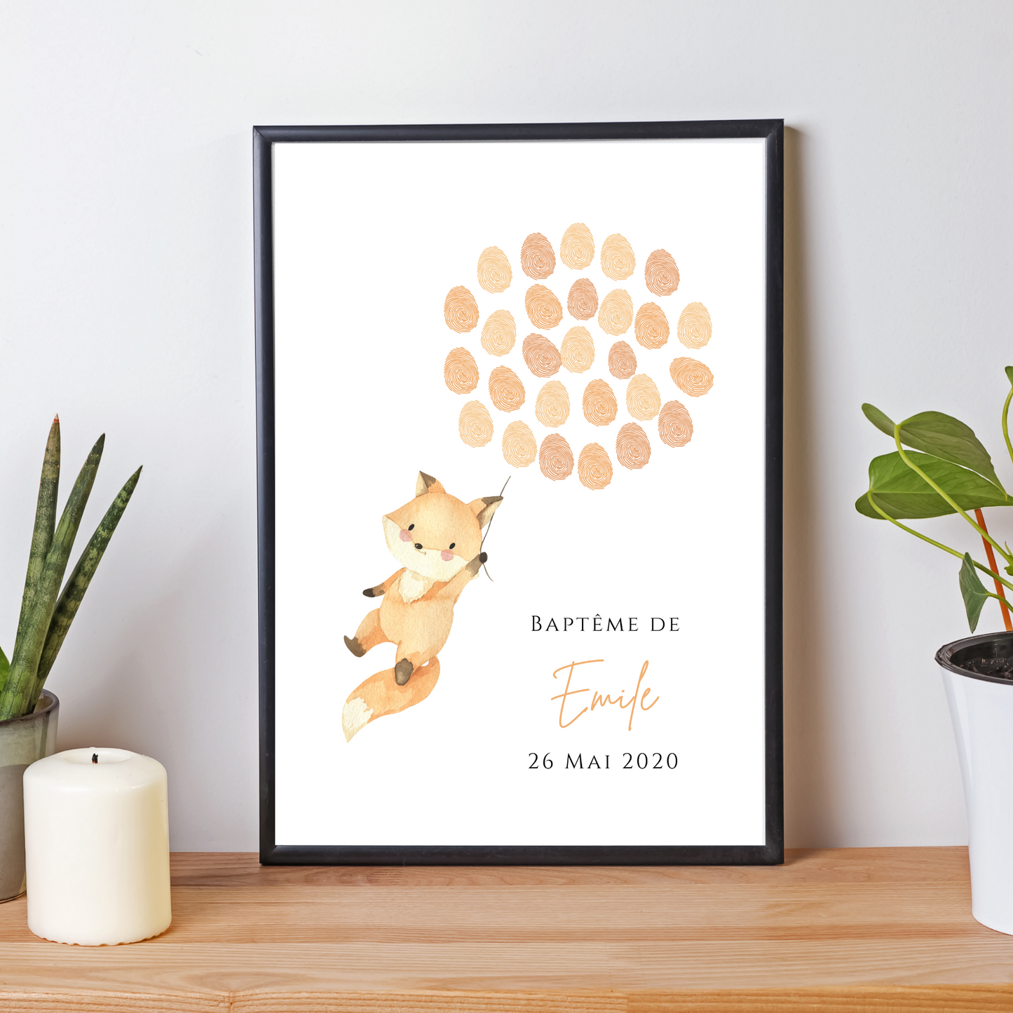 Affiche arbre à empreintes renard et ballon - Déco anniversaire baptême personnalisée renard par le Temps des Paillettes - Le Temps des Paillettes