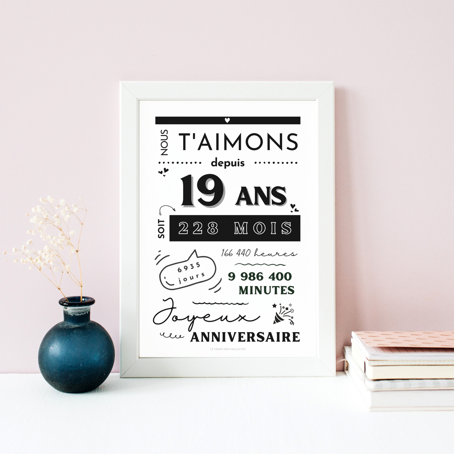 Affiche 19 ans - Carte 19ème anniversaire - Décoration de fête d'anniversaire par le Temps des Paillettes - Le Temps des Paillettes