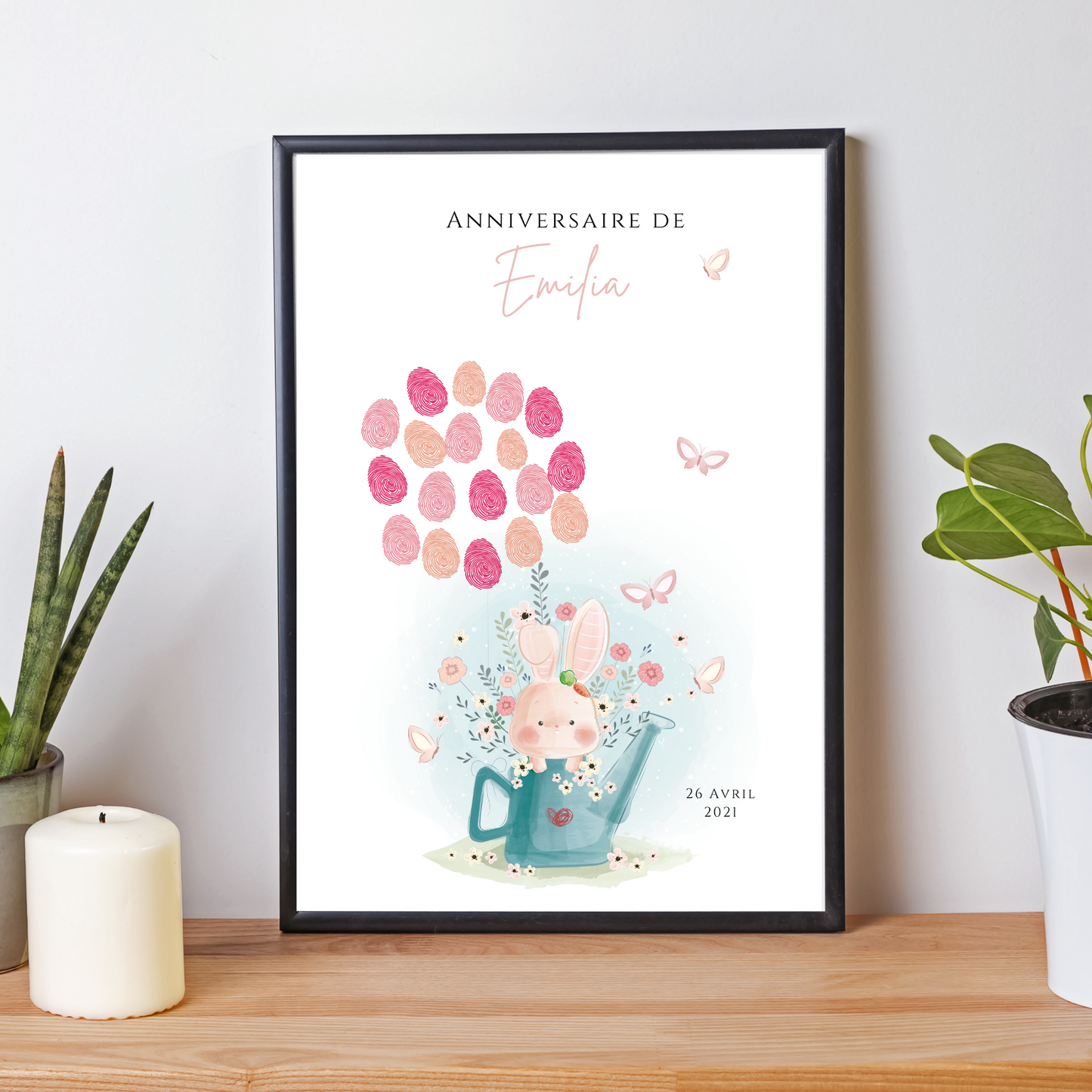 Affiche arbre à empreintes lapin et fleurs - Déco anniversaire baptême personnalisée fille rose par le Temps des Paillettes - Le Temps des Paillettes