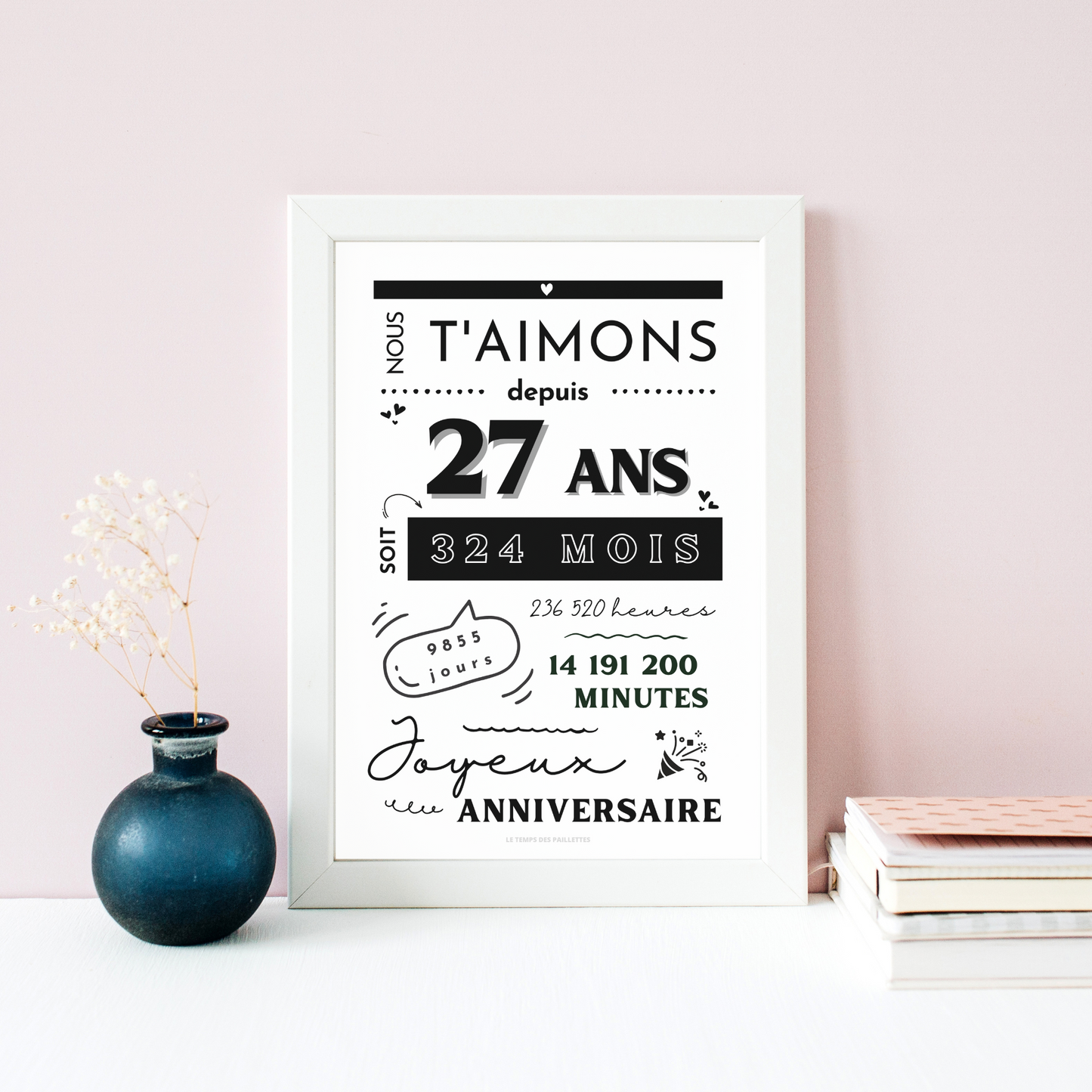 Affiche 27 ans - Carte 27ème anniversaire - Décoration de fête d'anniversaire par le Temps des Paillettes - Le Temps des Paillettes