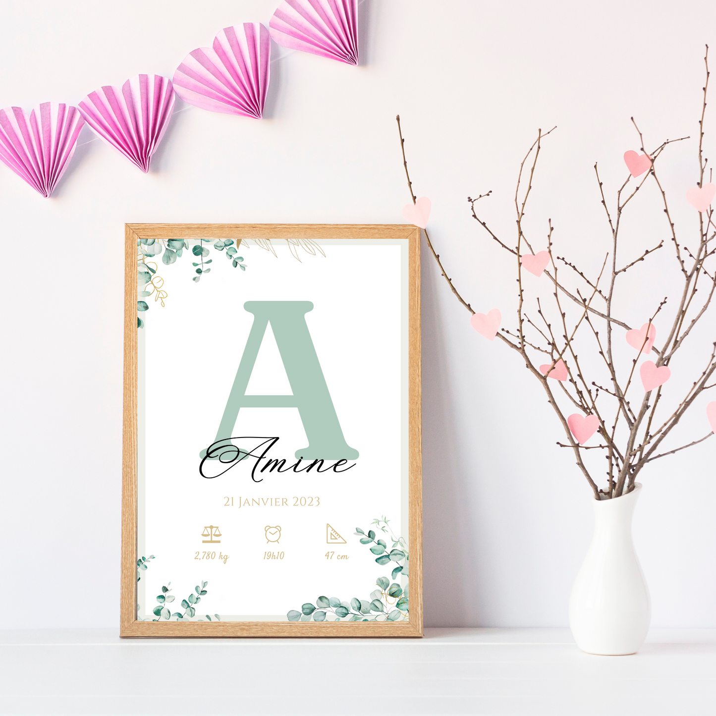 Affiche de naissance personnalisée prénom initiale vert eucalyptus - Cadeau de naissance personnalisé par Le Temps des Paillettes - Le Temps des Paillettes