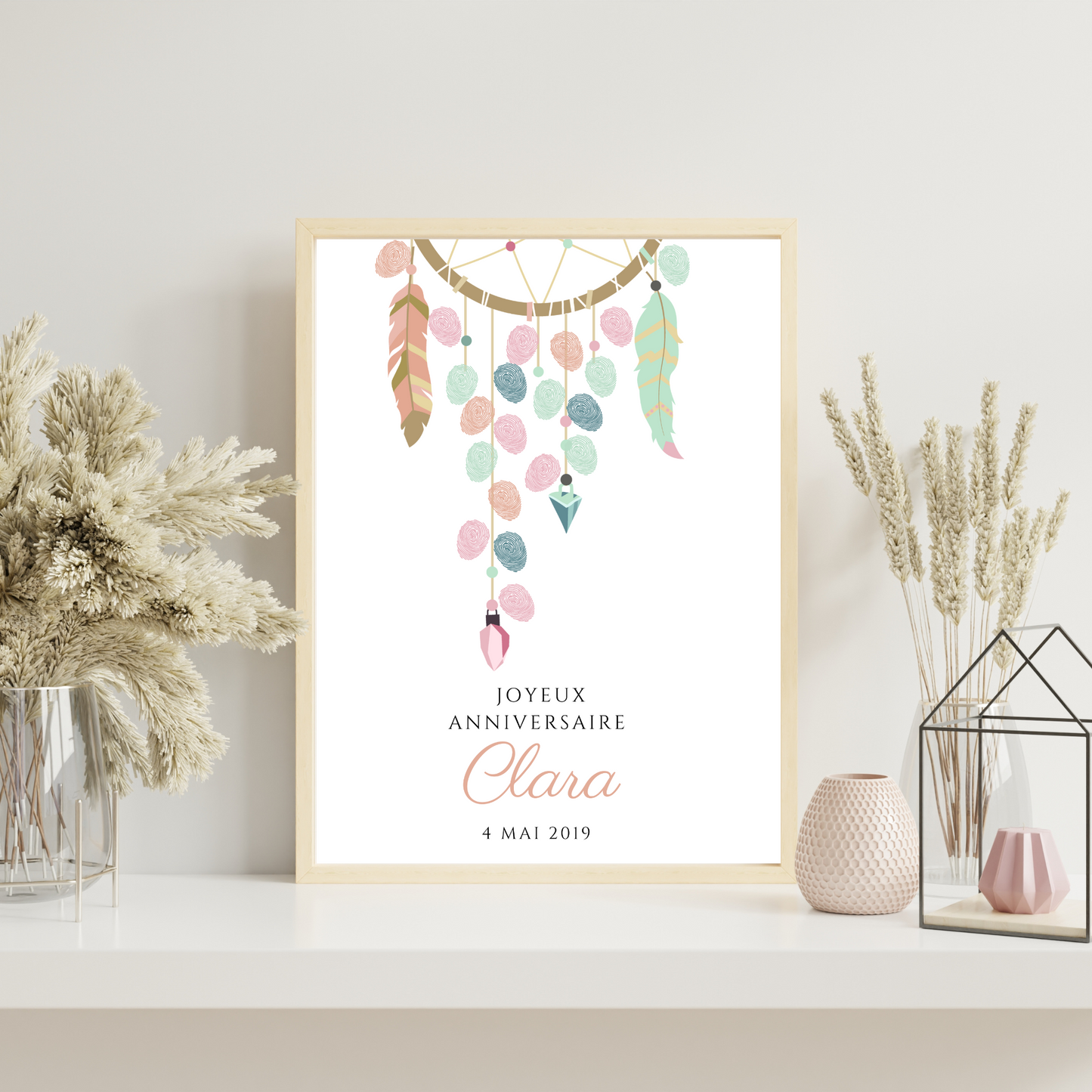 Arbre à empreintes dreamcatcher personnalisé baptême / anniversaire - Affiche à télécharger par le Temps des Paillettes - Le Temps des Paillettes