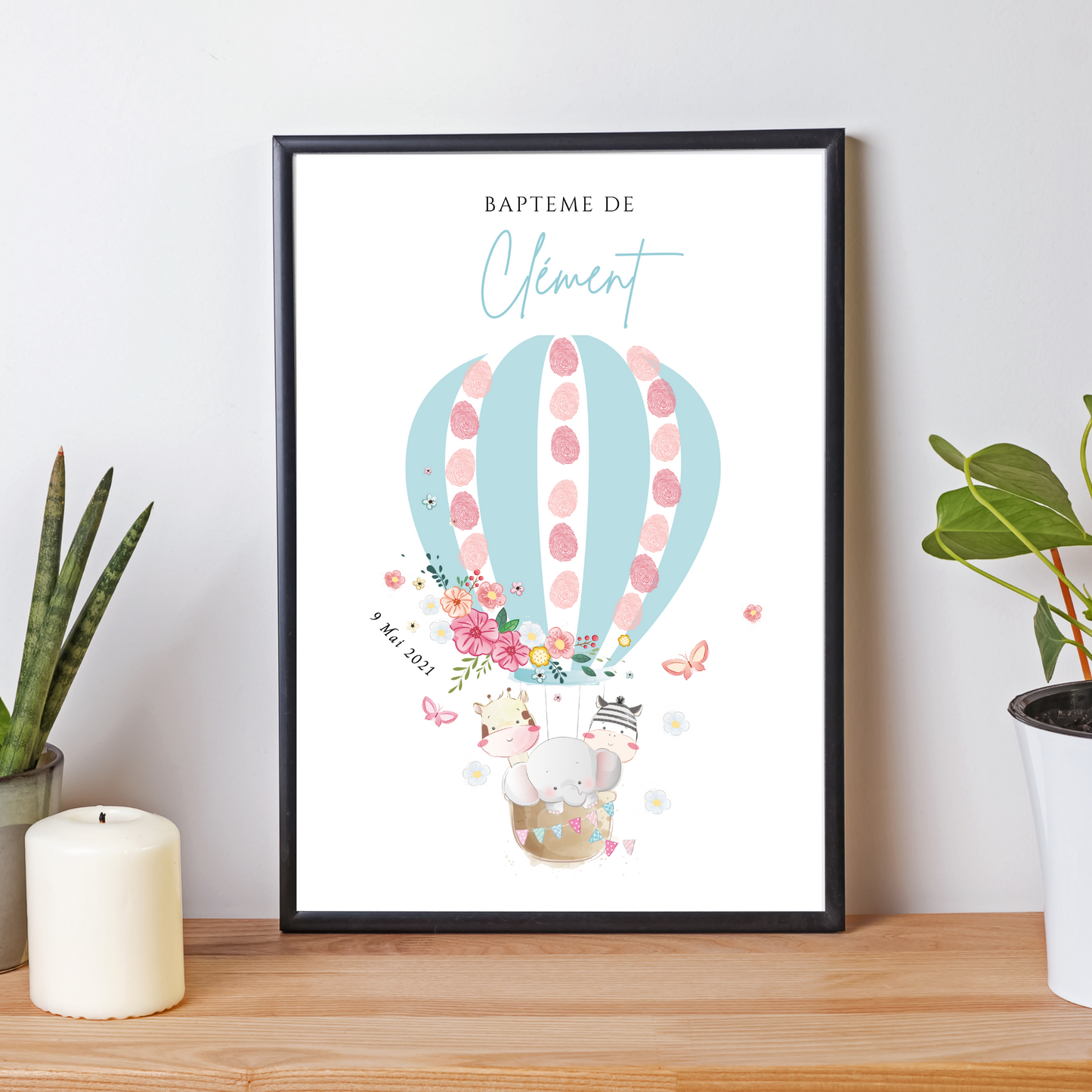 Affiche arbre à empreintes montgolfière et animaux - Déco baptême anniversaire personnalisée par le Temps des Paillettes - Le Temps des Paillettes