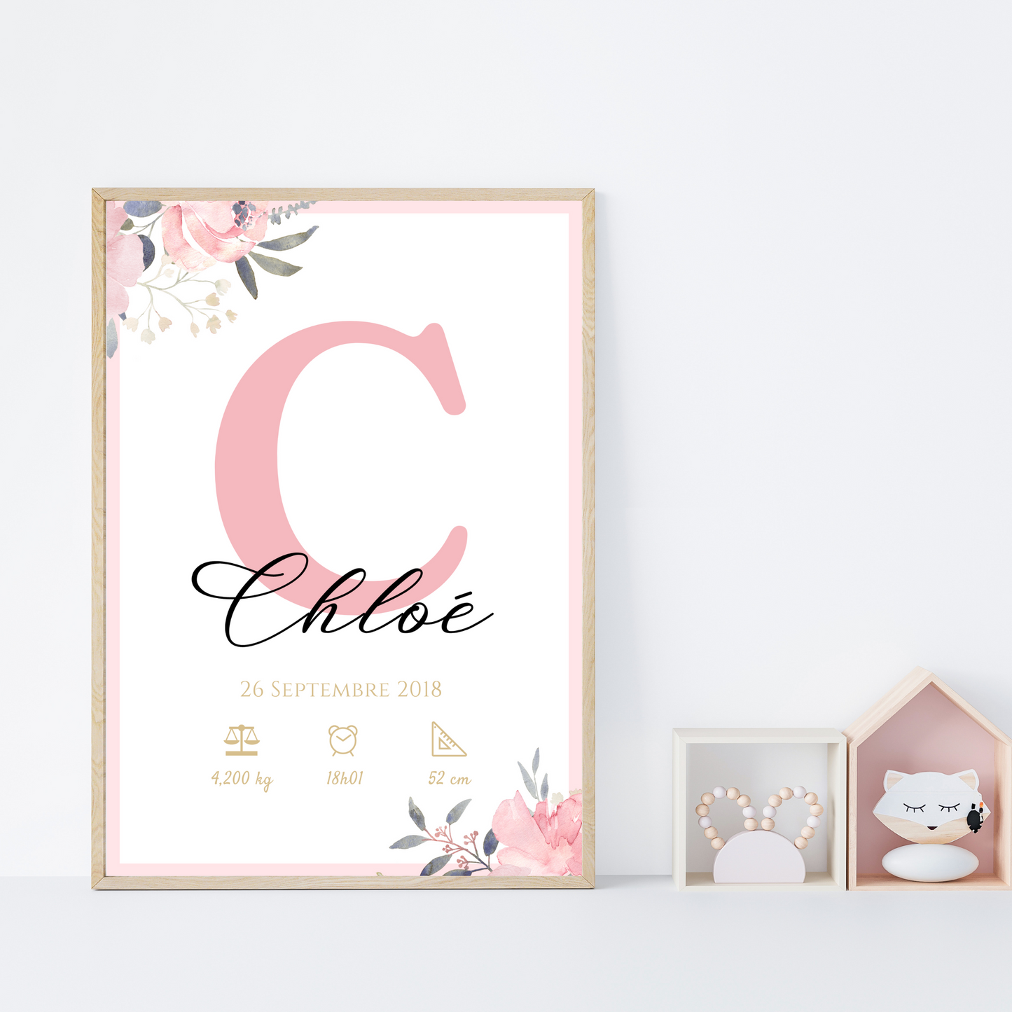 Affiche de naissance personnalisée prénom initiale rose - Cadeau de naissance personnalisé par Le Temps des Paillettes - Le Temps des Paillettes