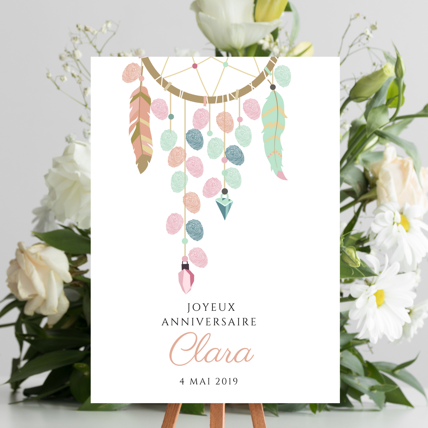 Arbre à empreintes dreamcatcher personnalisé baptême / anniversaire - Affiche à télécharger par le Temps des Paillettes - Le Temps des Paillettes