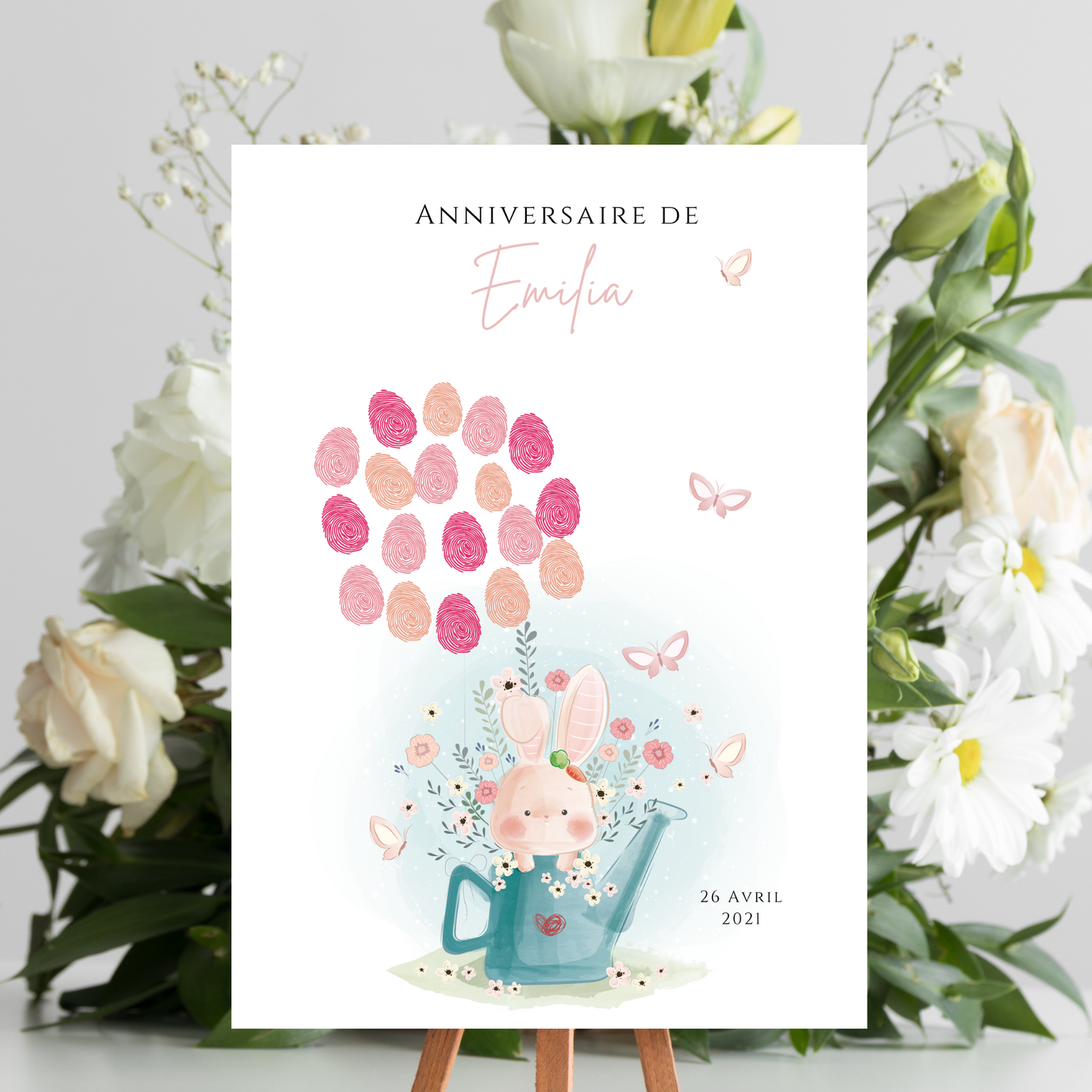Affiche arbre à empreintes lapin et fleurs - Déco anniversaire baptême personnalisée fille rose par le Temps des Paillettes - Le Temps des Paillettes