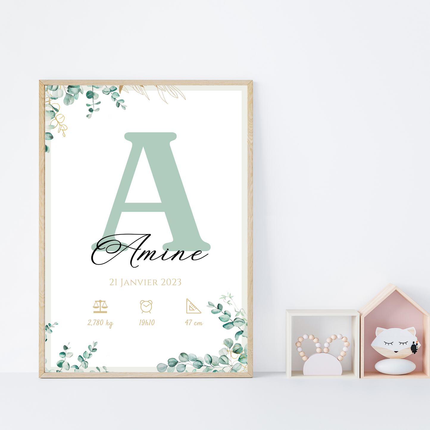 Affiche de naissance personnalisée prénom initiale vert eucalyptus - Cadeau de naissance personnalisé par Le Temps des Paillettes - Le Temps des Paillettes