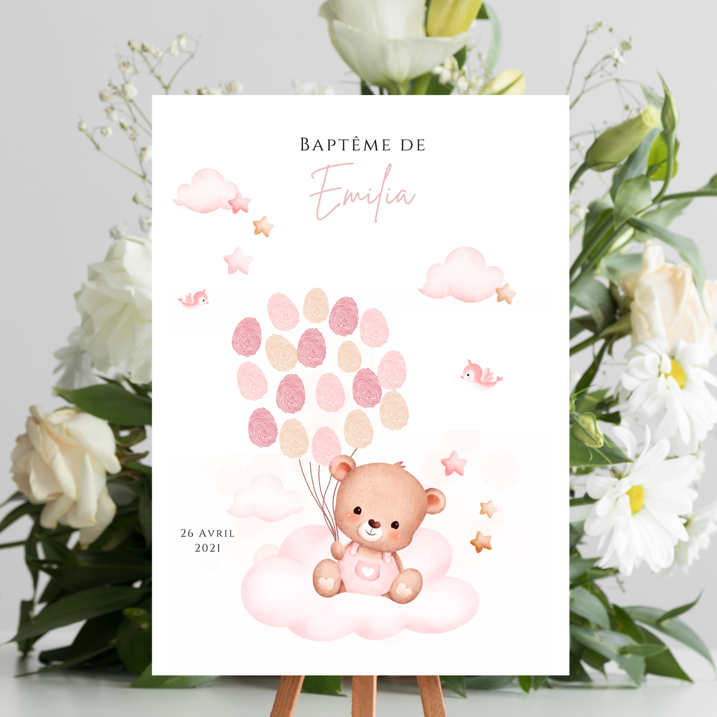 Affiche arbre à empreintes ours rose et ballon - Déco anniversaire baptême personnalisée fille rose par le Temps des Paillettes - Le Temps des Paillettes