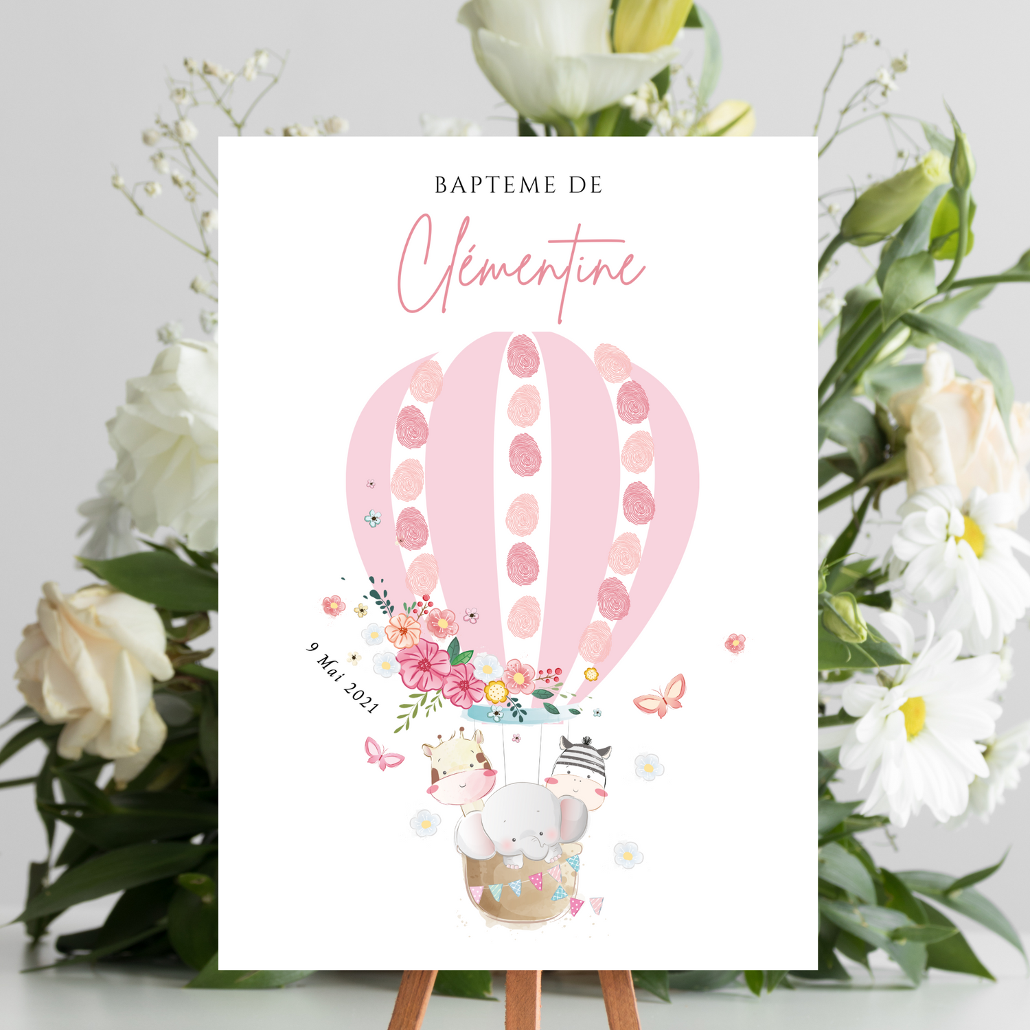Affiche arbre à empreintes montgolfière et animaux - Déco baptême anniversaire personnalisée par le Temps des Paillettes - Le Temps des Paillettes
