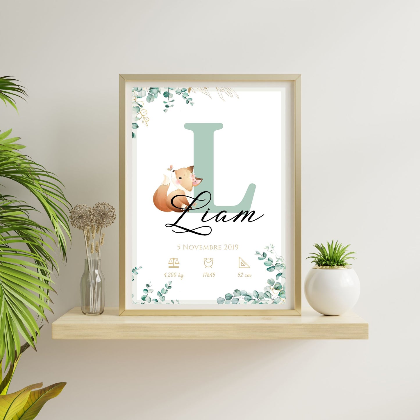 Affiche de naissance personnalisée prénom initiale eucalyptus et renard - Cadeau de naissance personnalisé par Le Temps des Paillettes - Le Temps des Paillettes