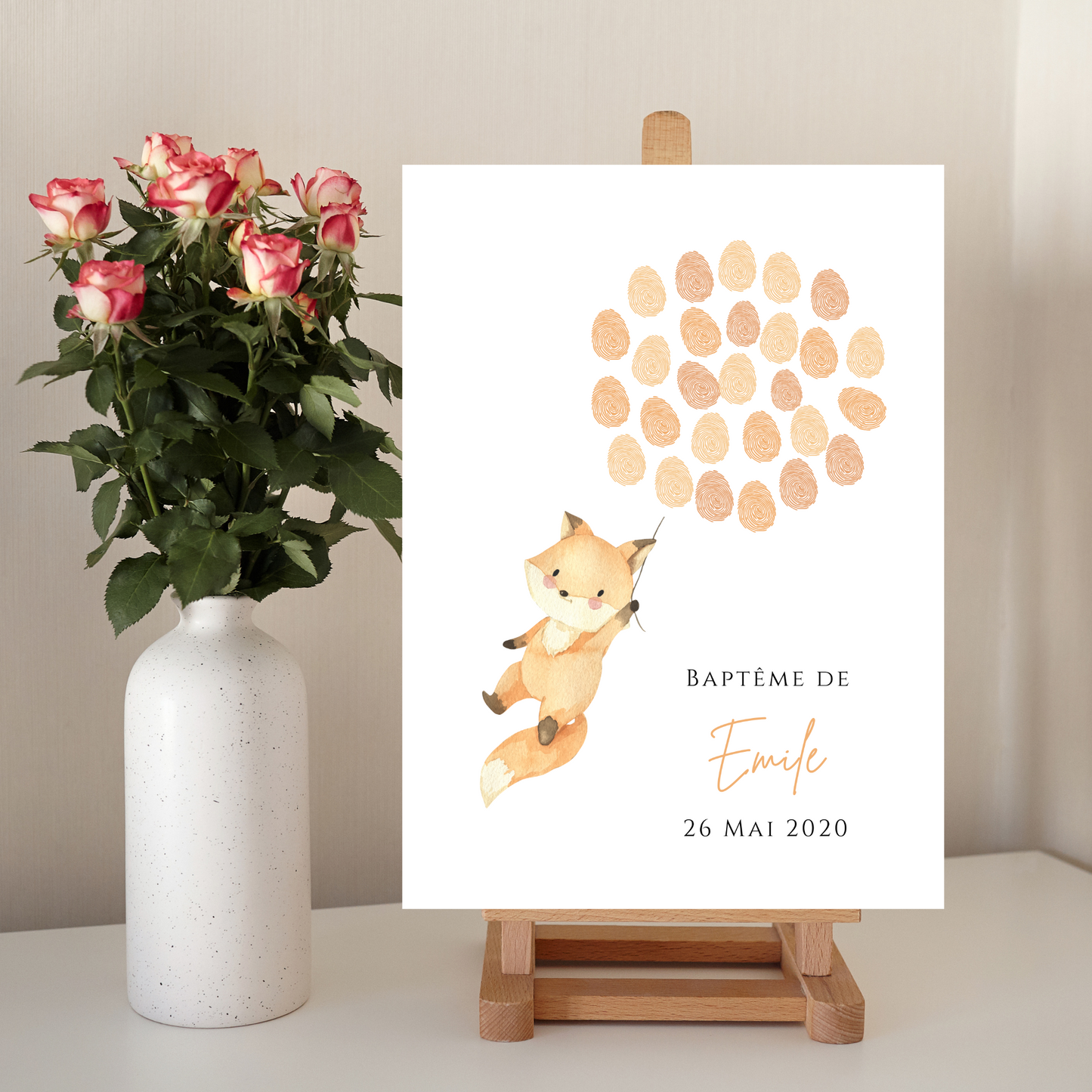 Affiche arbre à empreintes renard et ballon - Déco anniversaire baptême personnalisée renard par le Temps des Paillettes - Le Temps des Paillettes