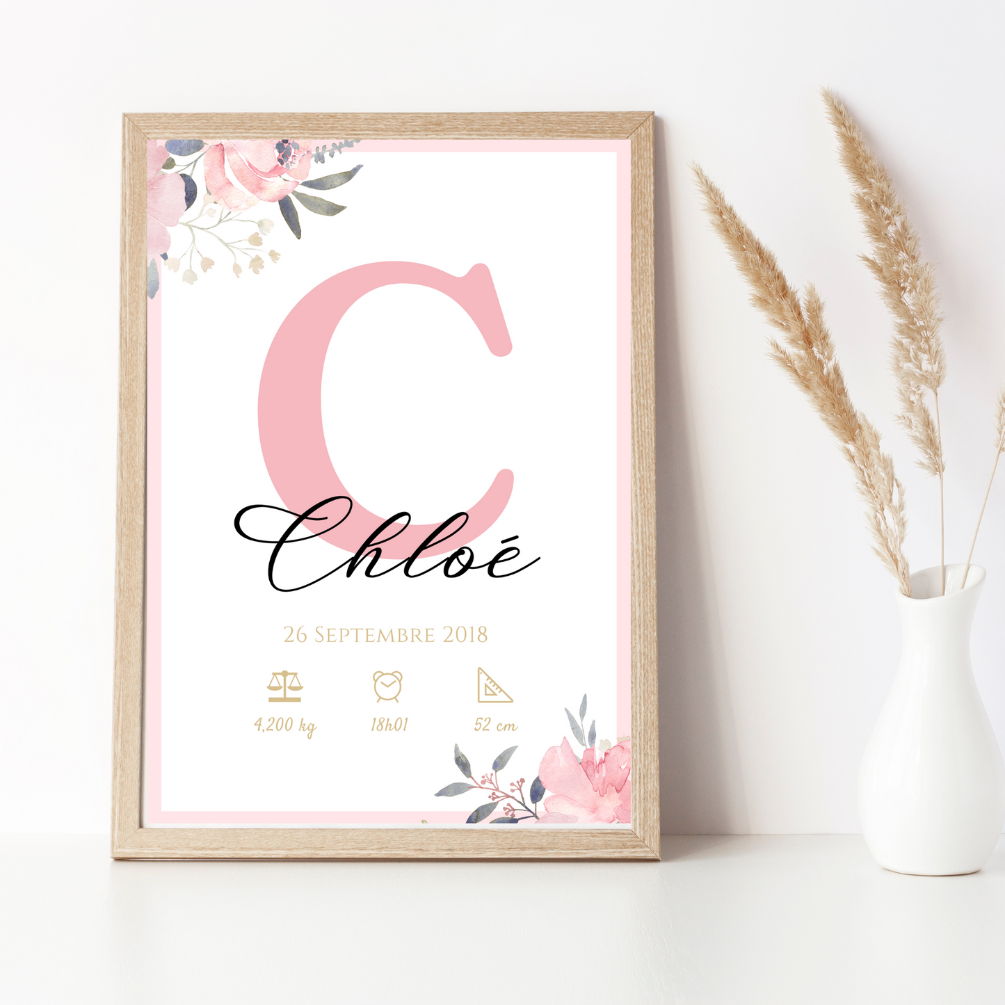 Affiche de naissance personnalisée prénom initiale rose - Cadeau de naissance personnalisé par Le Temps des Paillettes - Le Temps des Paillettes
