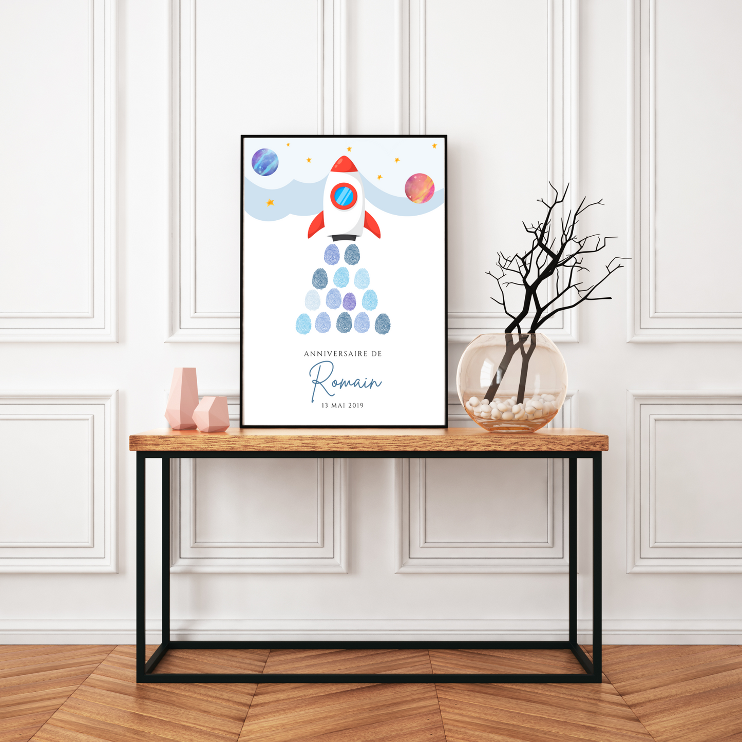 Arbre à empreintes personnalisé baptême / anniversaire - Décoration fusée et espace par le Temps des Paillettes - Le Temps des Paillettes