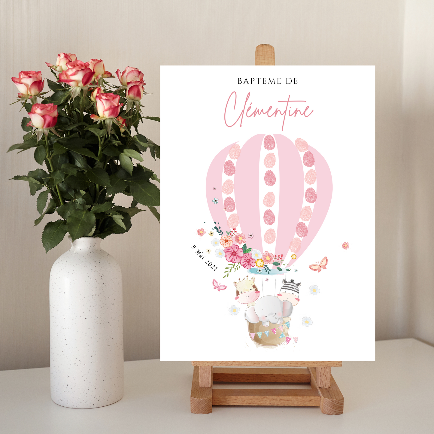 Affiche arbre à empreintes montgolfière et animaux - Déco baptême anniversaire personnalisée par le Temps des Paillettes - Le Temps des Paillettes