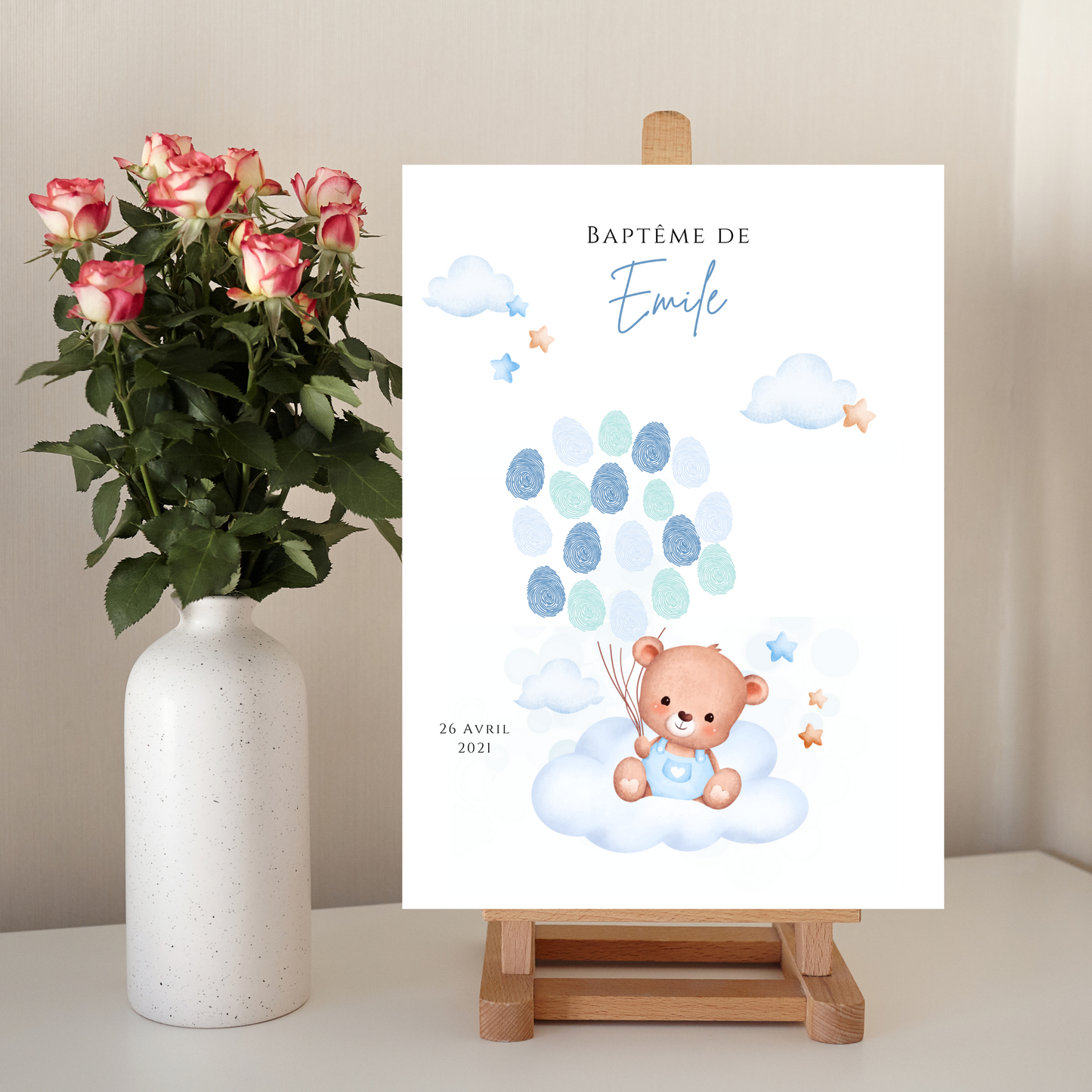 Affiche arbre à empreintes ours bleu et ballon - Déco anniversaire baptême personnalisée garçon bleu par le Temps des Paillettes - Le Temps des Paillettes