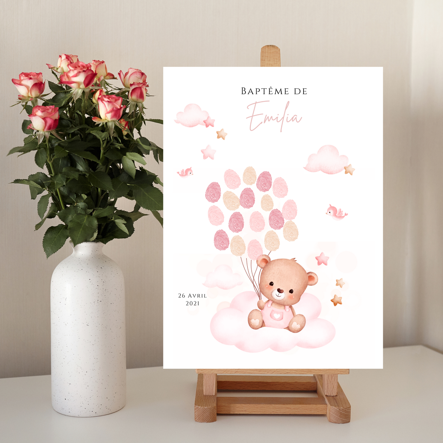 Affiche arbre à empreintes ours rose et ballon - Déco anniversaire baptême personnalisée fille rose par le Temps des Paillettes - Le Temps des Paillettes