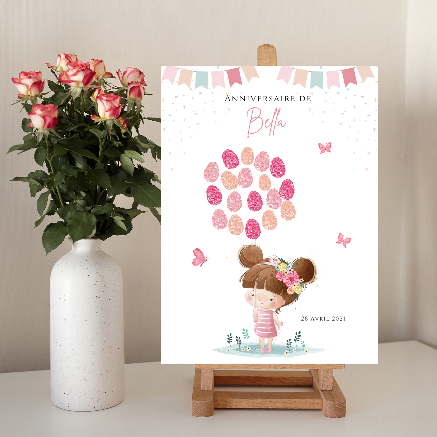 Affiche arbre à empreintes montgolfière et animaux - Déco anniversaire personnalisée fille rose par le Temps des Paillettes - Le Temps des Paillettes