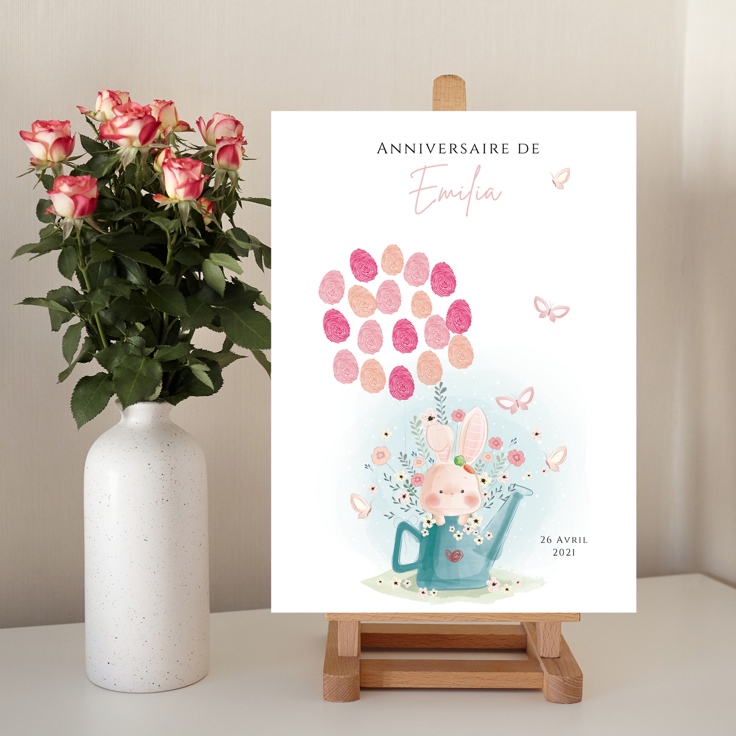 Affiche arbre à empreintes lapin et fleurs - Déco anniversaire baptême personnalisée fille rose par le Temps des Paillettes - Le Temps des Paillettes