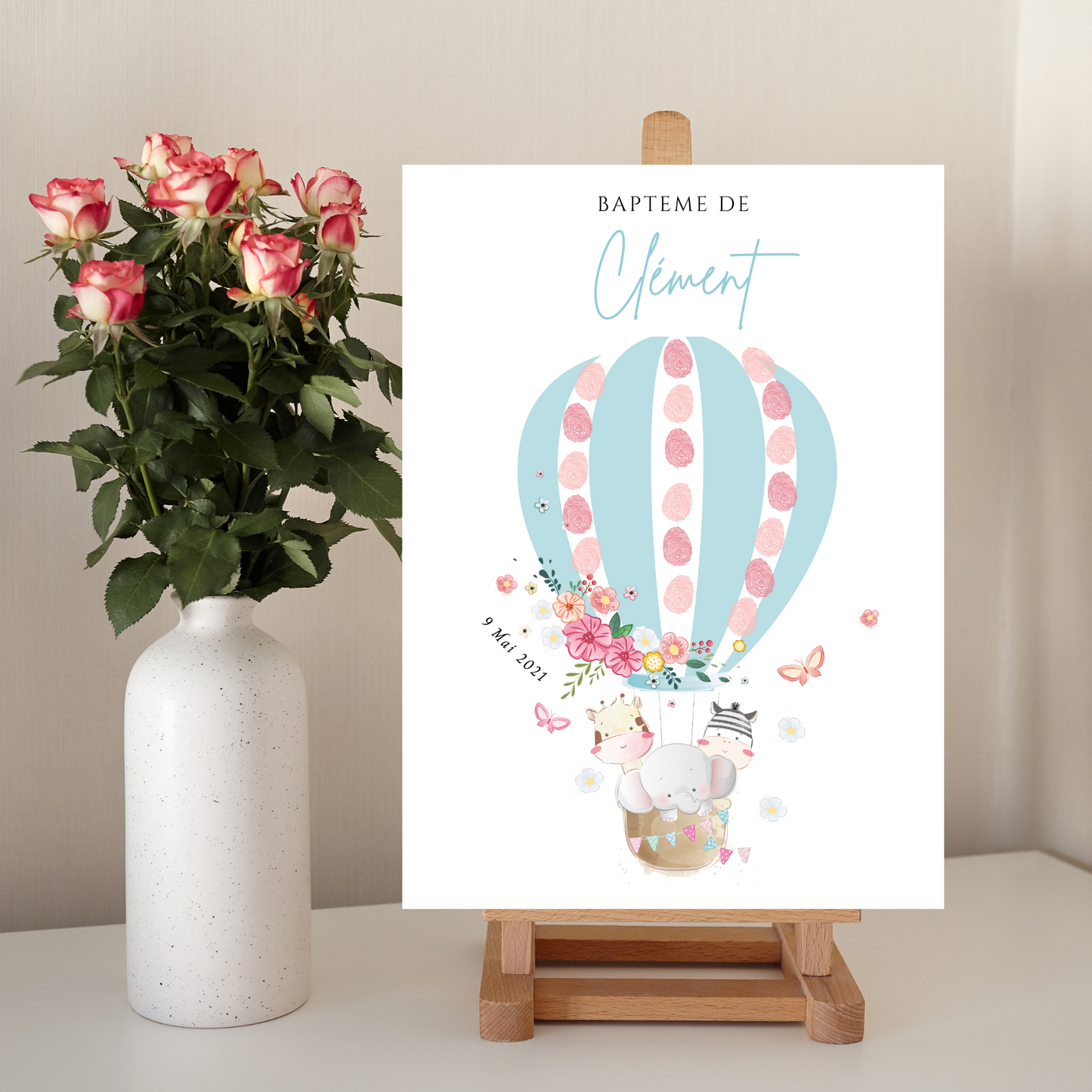 Affiche arbre à empreintes montgolfière et animaux - Déco baptême anniversaire personnalisée par le Temps des Paillettes - Le Temps des Paillettes