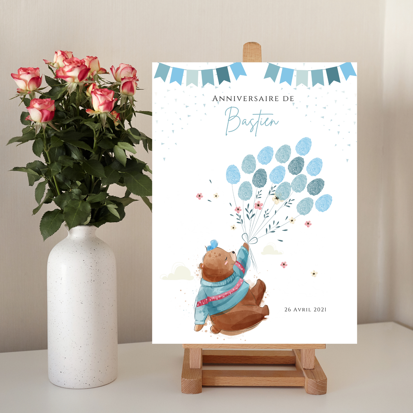 Affiche arbre à empreintes ours et ballons - Déco anniversaire personnalisée garçon bleu par le Temps des Paillettes - Le Temps des Paillettes