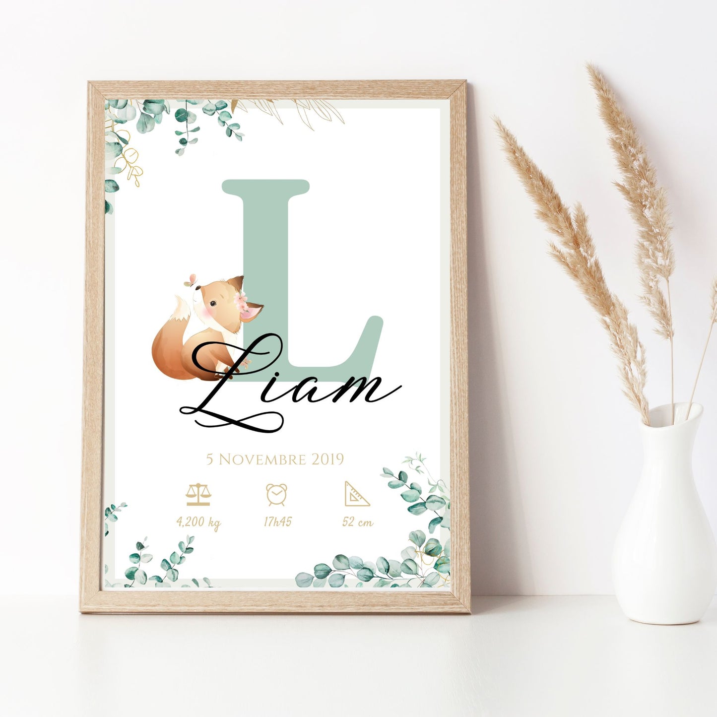 Affiche de naissance personnalisée prénom initiale eucalyptus et renard - Cadeau de naissance personnalisé par Le Temps des Paillettes - Le Temps des Paillettes