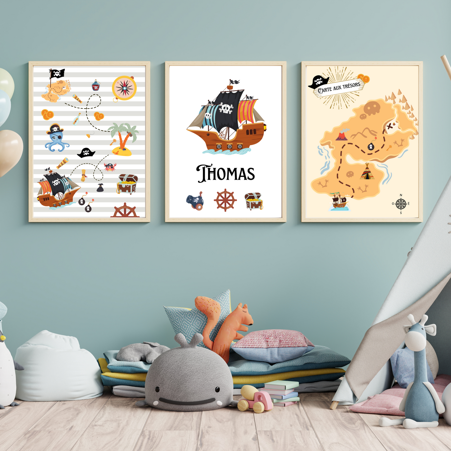 Affiches pirate enfant - trio pirate carte aux trésors prénom - Décoration pirate chambre de bébé par Le Temps des Paillettes - Le Temps des Paillettes
