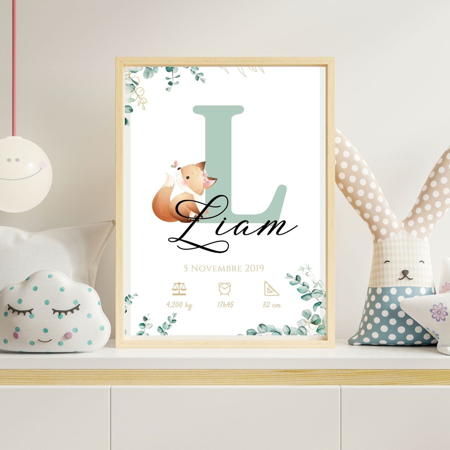 Affiche de naissance personnalisée prénom initiale eucalyptus et renard - Cadeau de naissance personnalisé par Le Temps des Paillettes - Le Temps des Paillettes