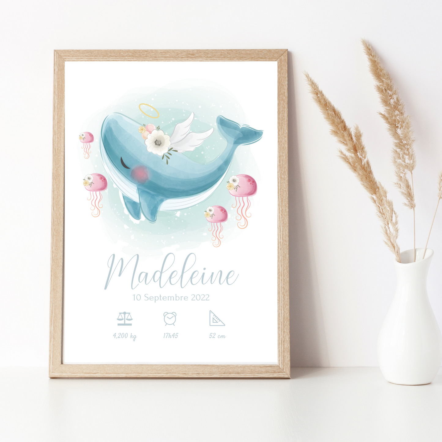 Affiche de naissance personnalisée prénom et baleine - Cadeau de naissance personnalisé par Le Temps des Paillettes - Le Temps des Paillettes