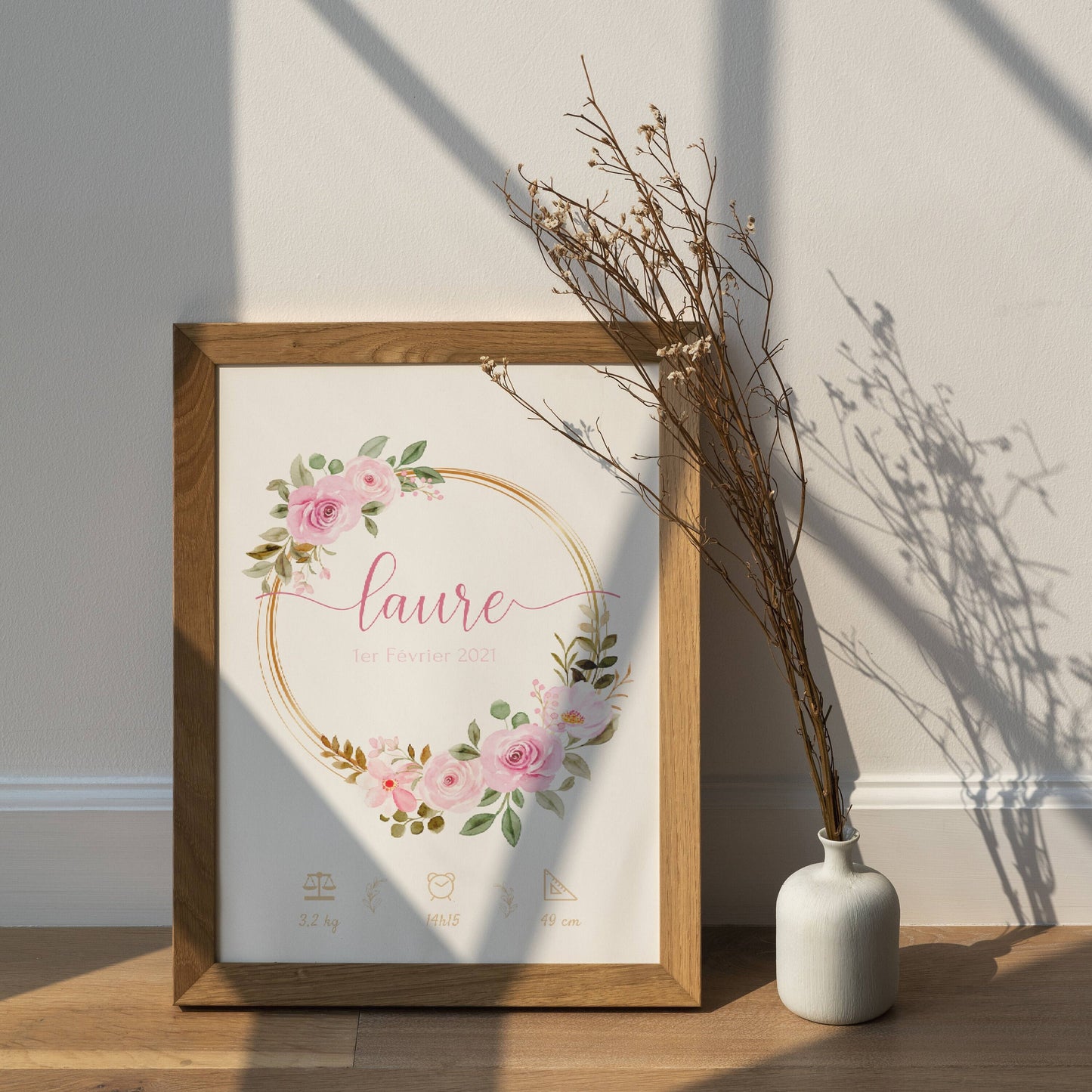 Affiche de naissance fleurs - affiche naissance bébé personnalisée prénom et fleurs - cadeau de naissance par Le Temps des Paillettes - Le Temps des Paillettes