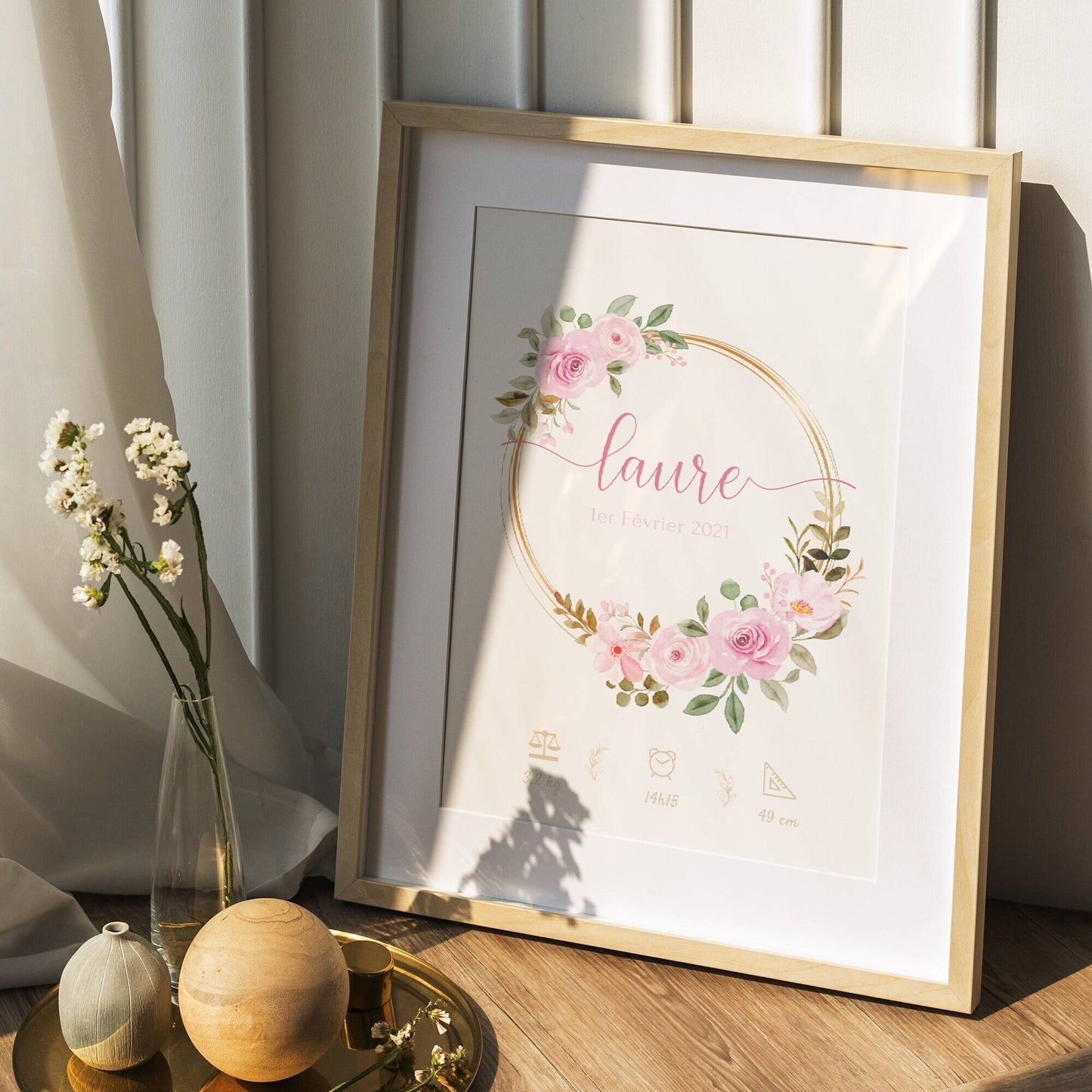 Affiche de naissance fleurs - affiche naissance bébé personnalisée prénom et fleurs - cadeau de naissance par Le Temps des Paillettes - Le Temps des Paillettes