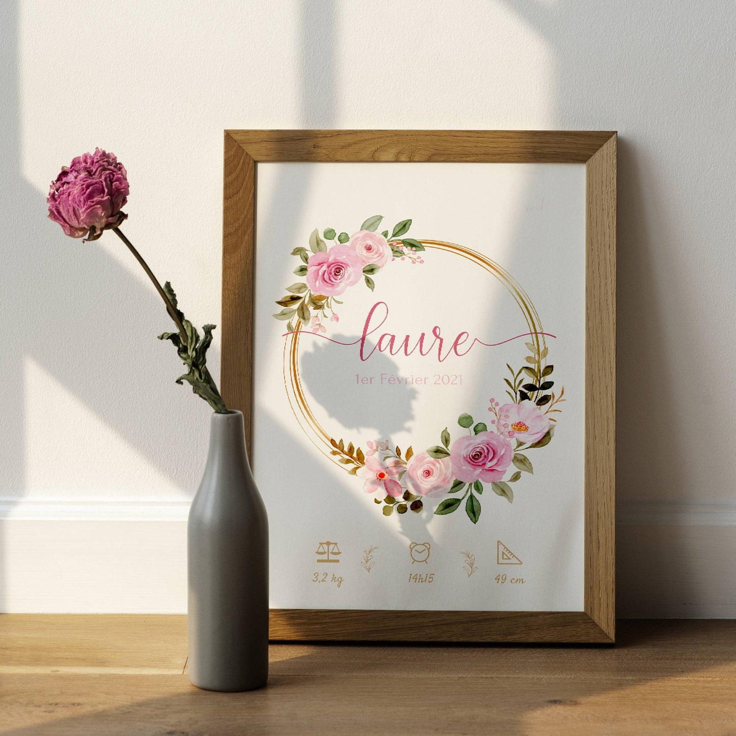 Affiche de naissance fleurs - affiche naissance bébé personnalisée prénom et fleurs - cadeau de naissance par Le Temps des Paillettes - Le Temps des Paillettes