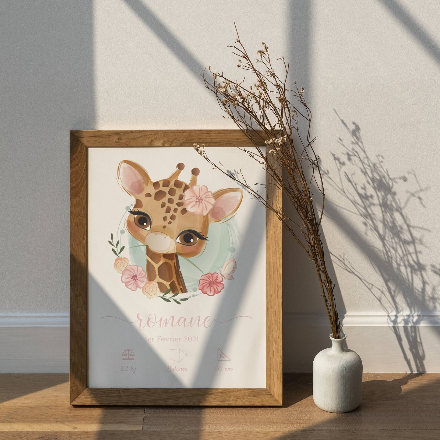Affiche naissance girafe - affiche bébé personnalisée prénom et girafe - cadeau de naissance par Le Temps des Paillettes - Le Temps des Paillettes