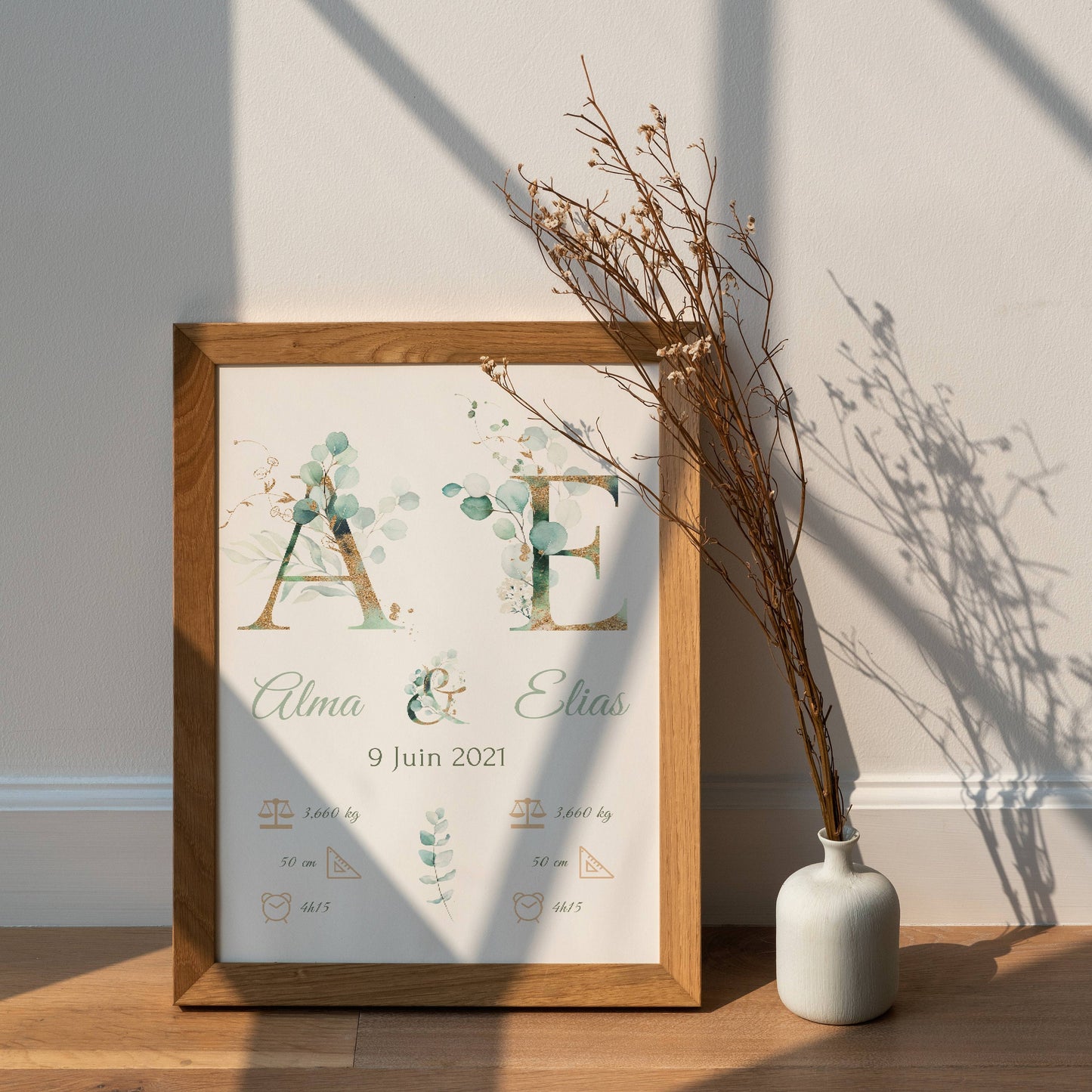 Affiche naissance jumeaux - affiche pour jumeaux - affiche personnalisée prénom initiale eucalyptus par Le Temps des Paillettes - Le Temps des Paillettes