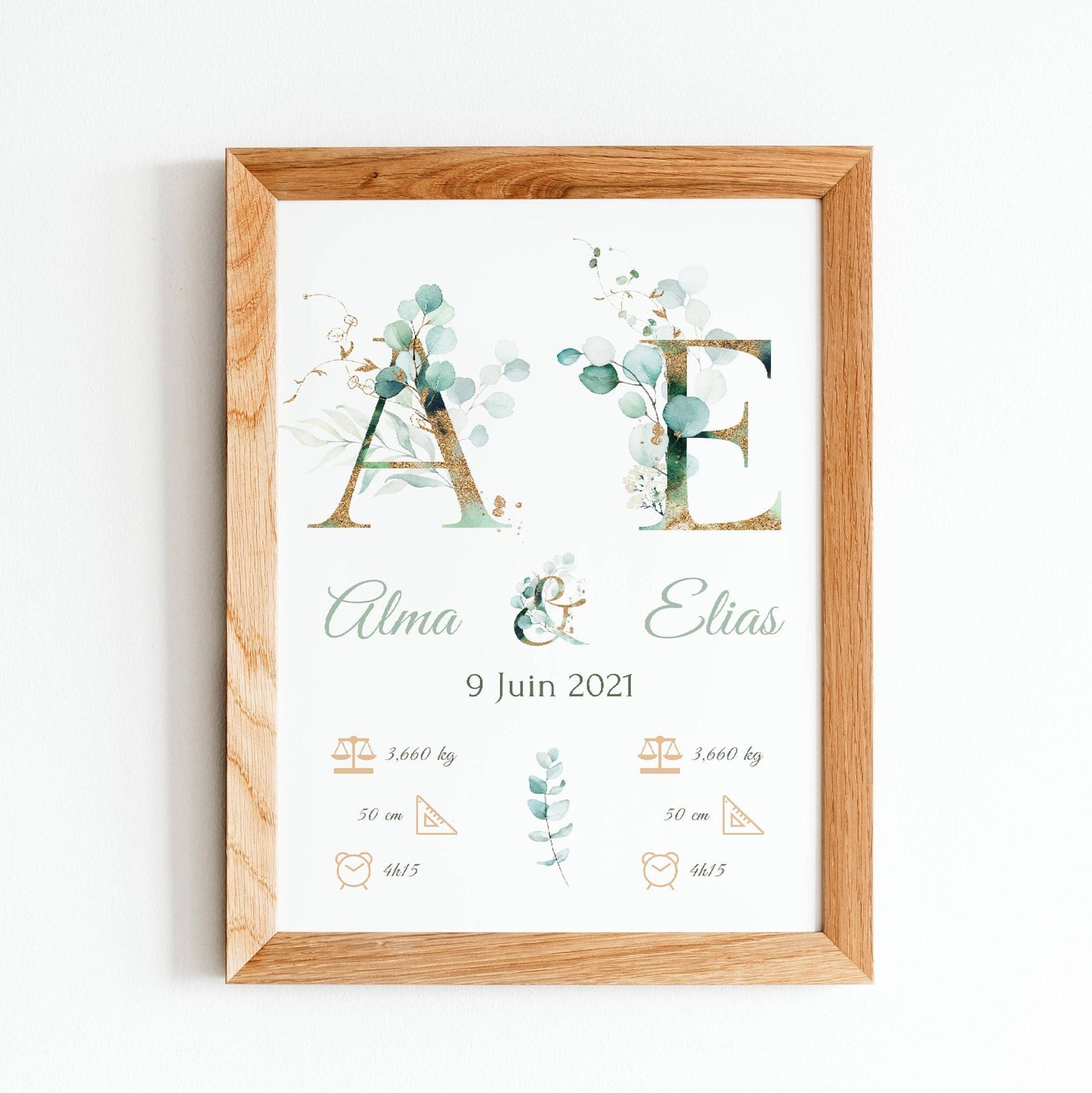 Affiche naissance jumeaux - affiche pour jumeaux - affiche personnalisée prénom initiale eucalyptus par Le Temps des Paillettes - Le Temps des Paillettes