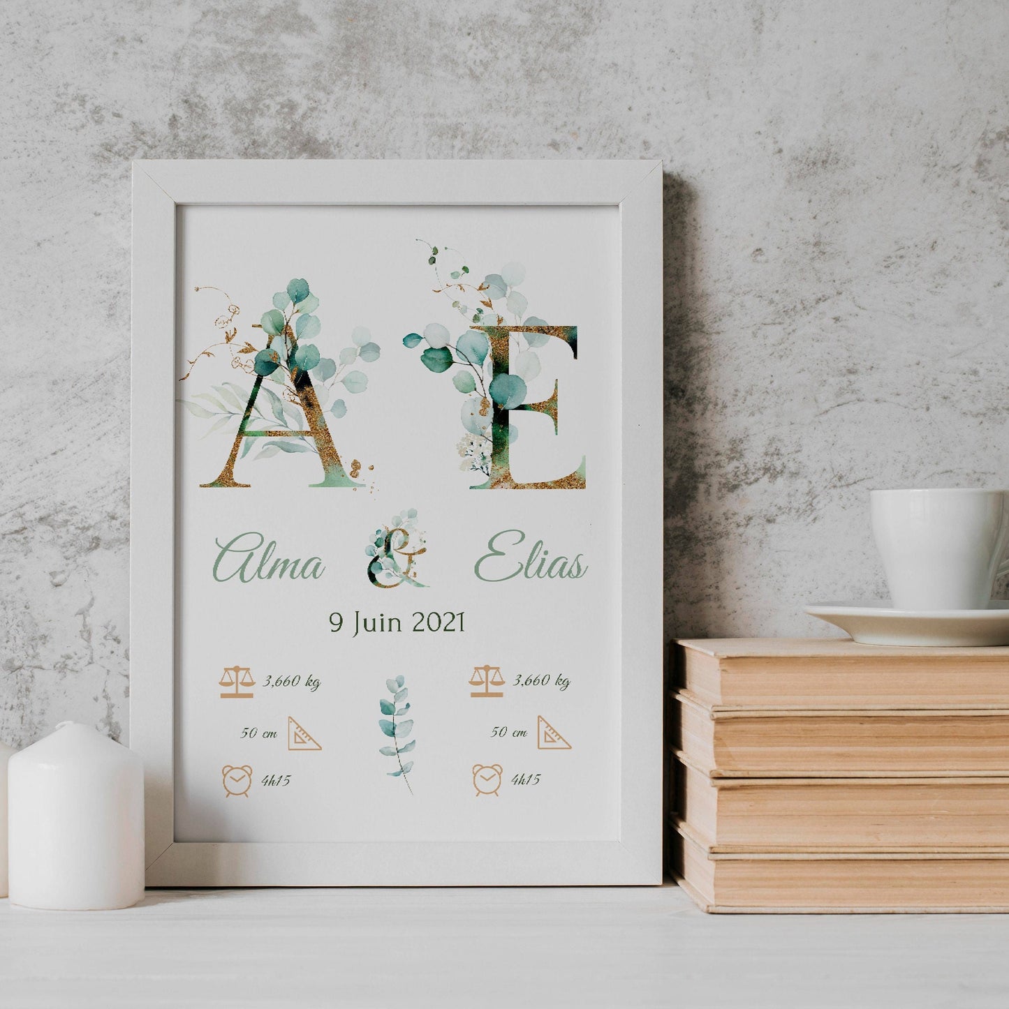 Affiche naissance jumeaux - affiche pour jumeaux - affiche personnalisée prénom initiale eucalyptus par Le Temps des Paillettes - Le Temps des Paillettes