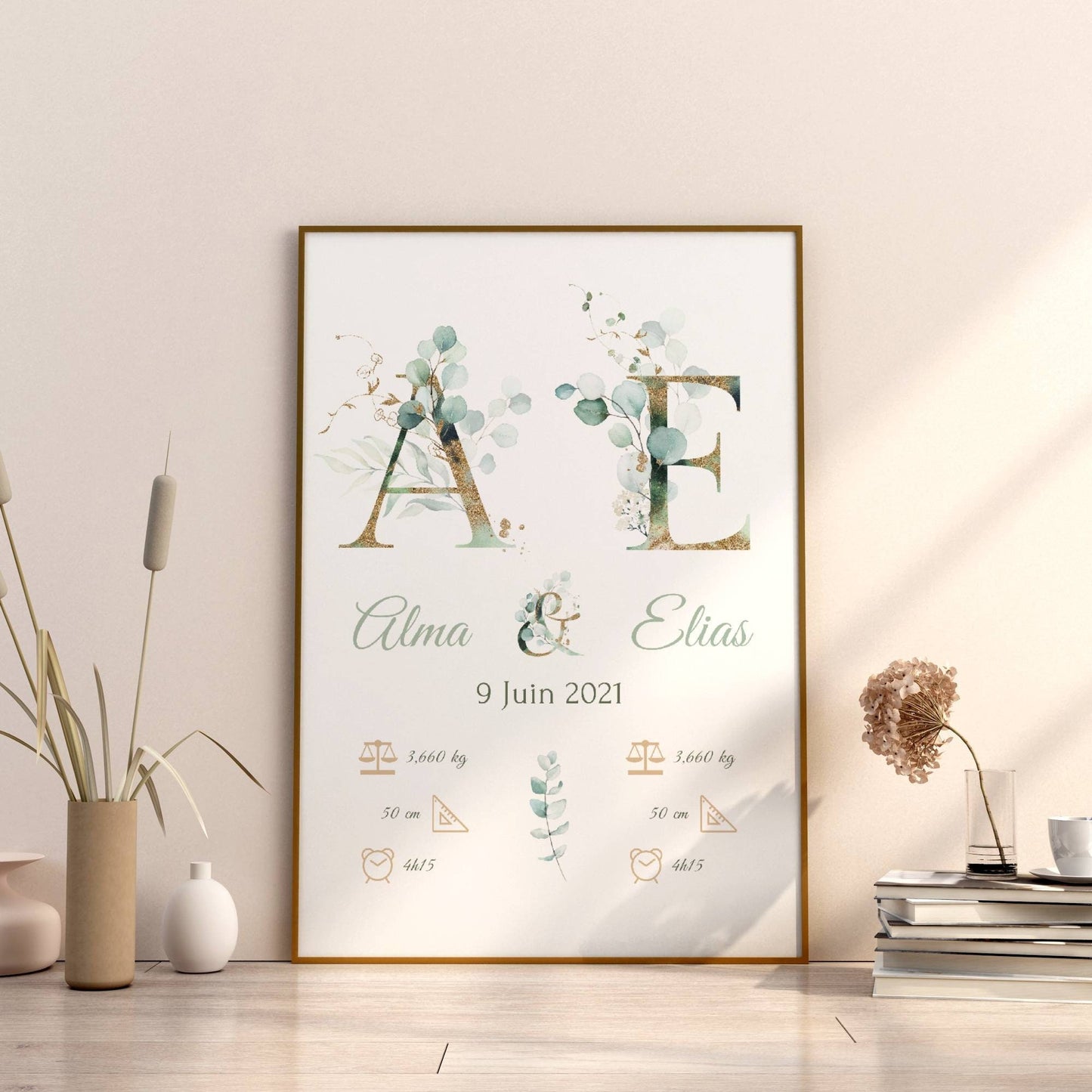 Affiche naissance jumeaux - affiche pour jumeaux - affiche personnalisée prénom initiale eucalyptus par Le Temps des Paillettes - Le Temps des Paillettes