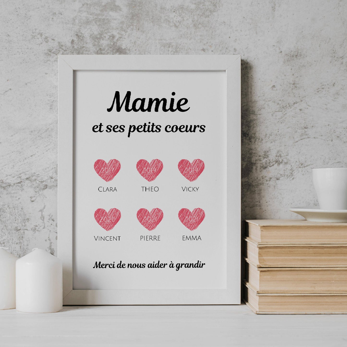 Affiche mamie coeur personnalisée - fête des grand mère - cadeau mamie - Affiche nom de famille personnalisé par Le Temps des Paillettes - Le Temps des Paillettes