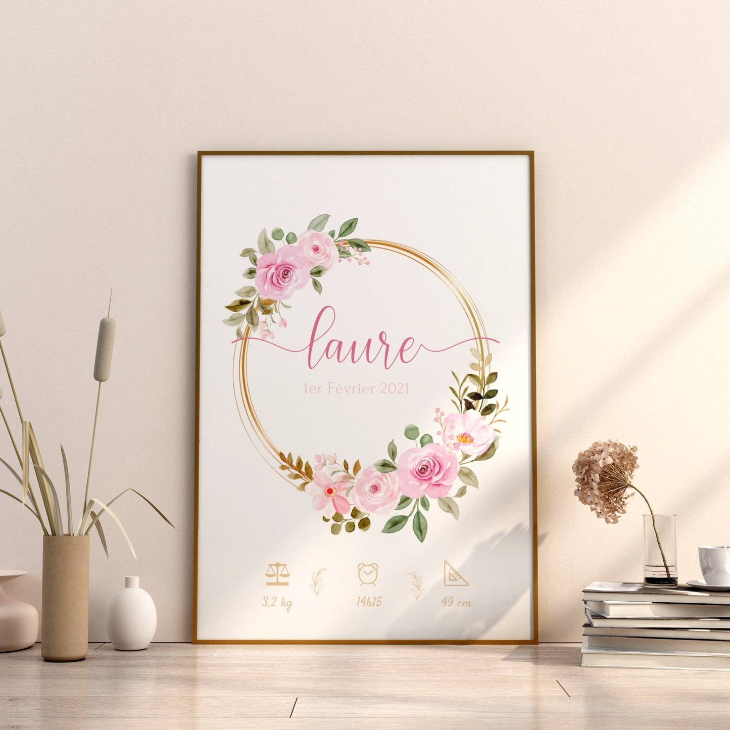 Affiche de naissance fleurs - affiche naissance bébé personnalisée prénom et fleurs - cadeau de naissance par Le Temps des Paillettes - Le Temps des Paillettes