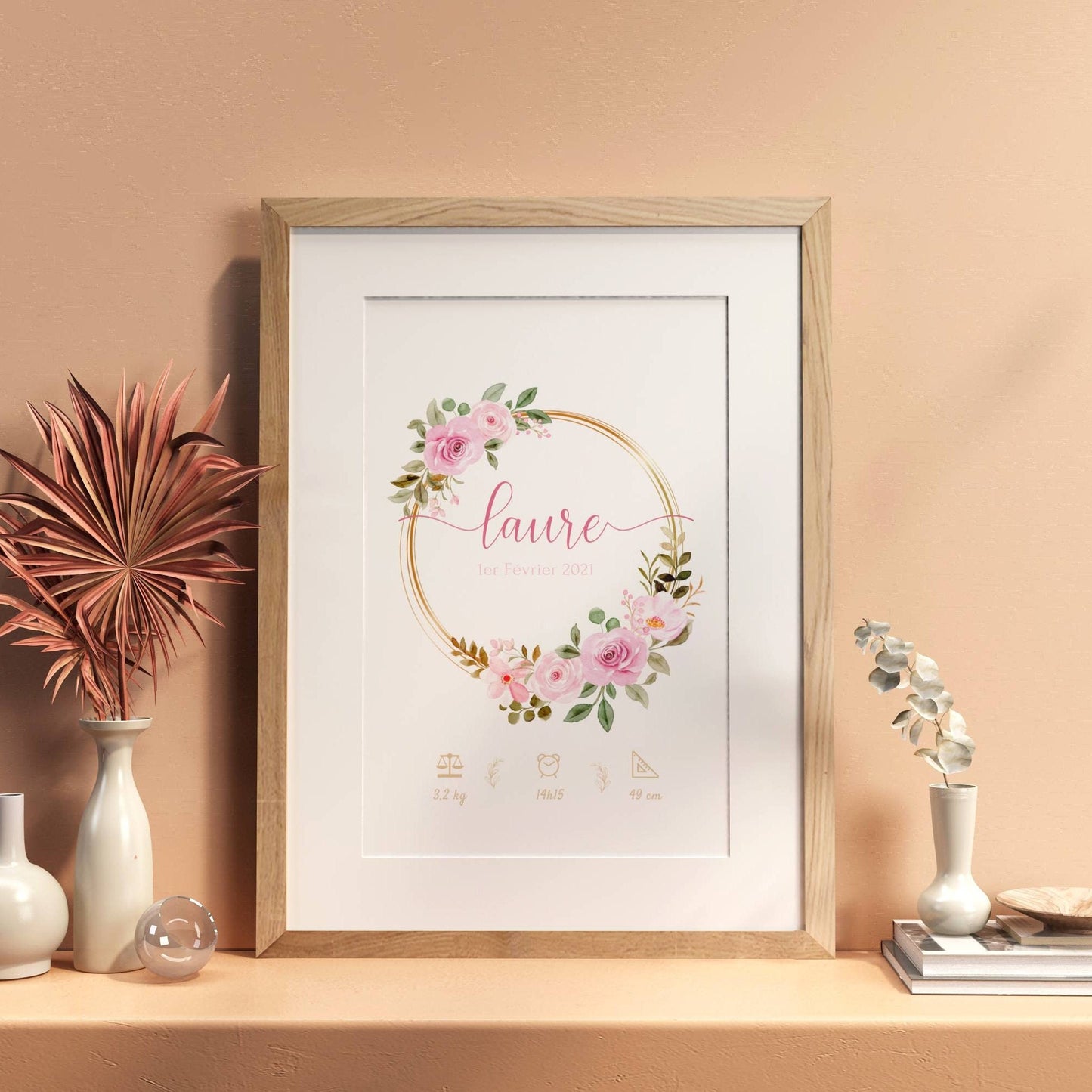 Affiche de naissance fleurs - affiche naissance bébé personnalisée prénom et fleurs - cadeau de naissance par Le Temps des Paillettes - Le Temps des Paillettes
