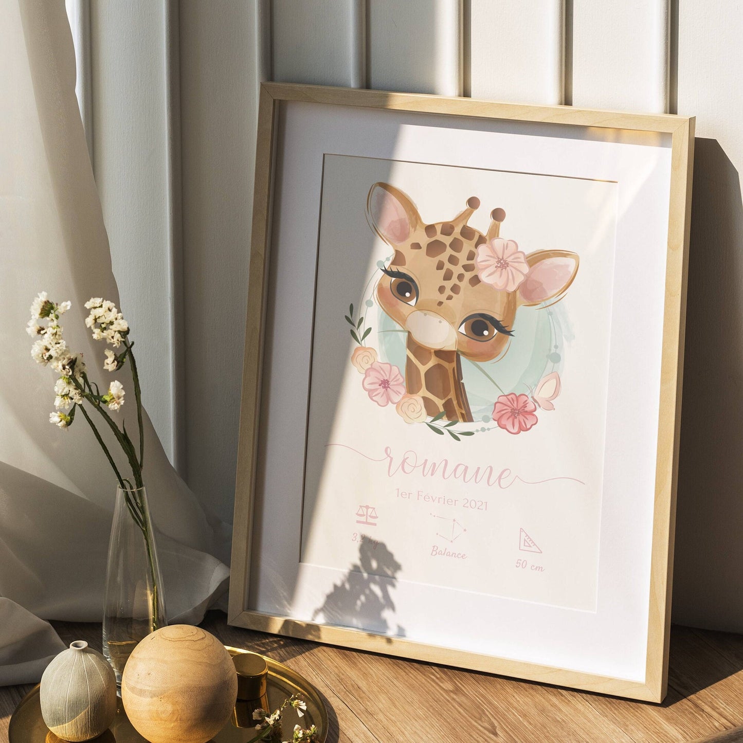 Affiche naissance girafe - affiche bébé personnalisée prénom et girafe - cadeau de naissance par Le Temps des Paillettes - Le Temps des Paillettes
