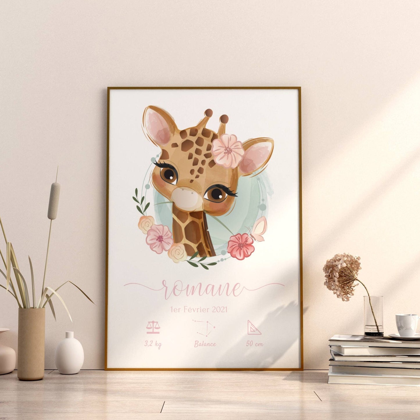 Affiche naissance girafe - affiche bébé personnalisée prénom et girafe - cadeau de naissance par Le Temps des Paillettes - Le Temps des Paillettes