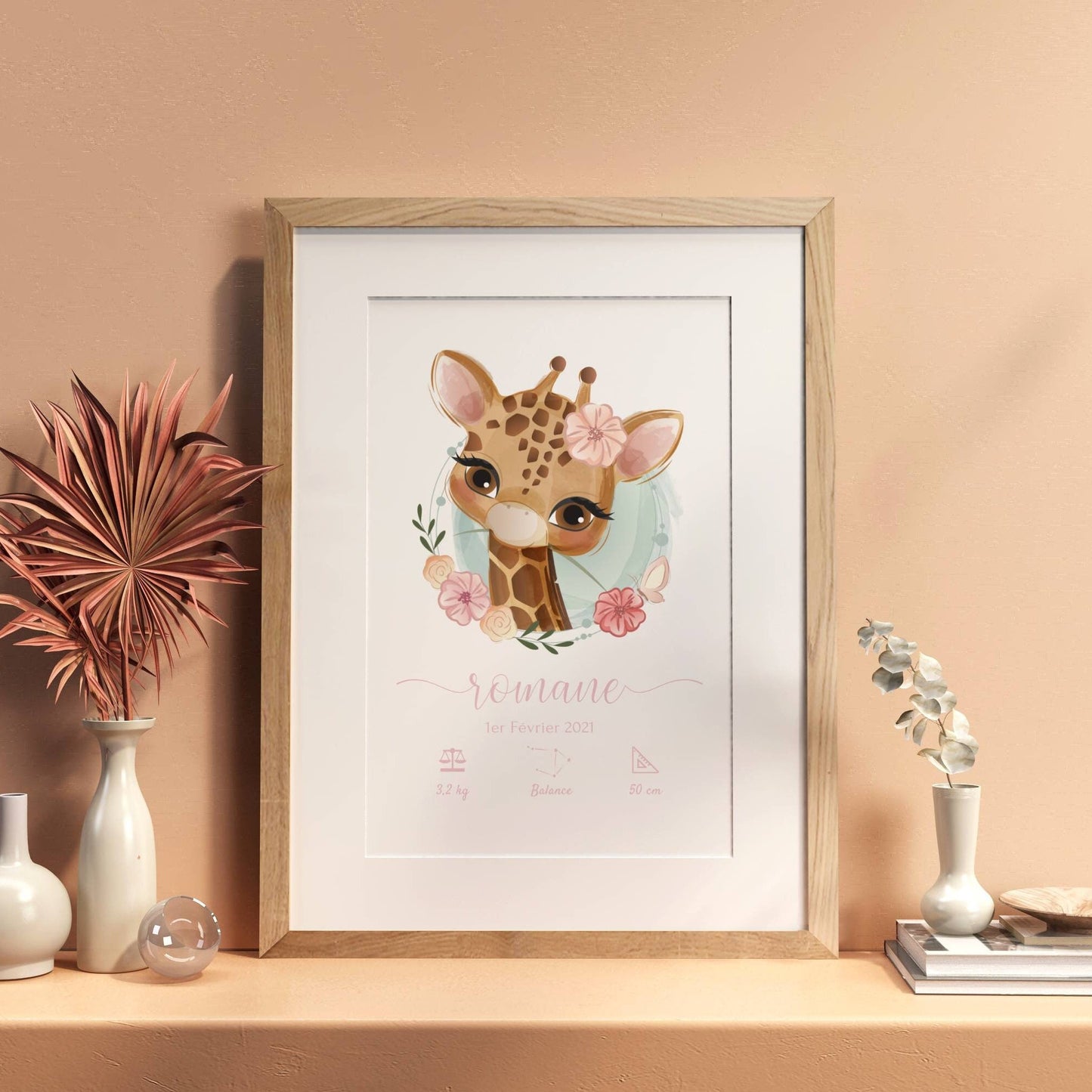 Affiche naissance girafe - affiche bébé personnalisée prénom et girafe - cadeau de naissance par Le Temps des Paillettes - Le Temps des Paillettes